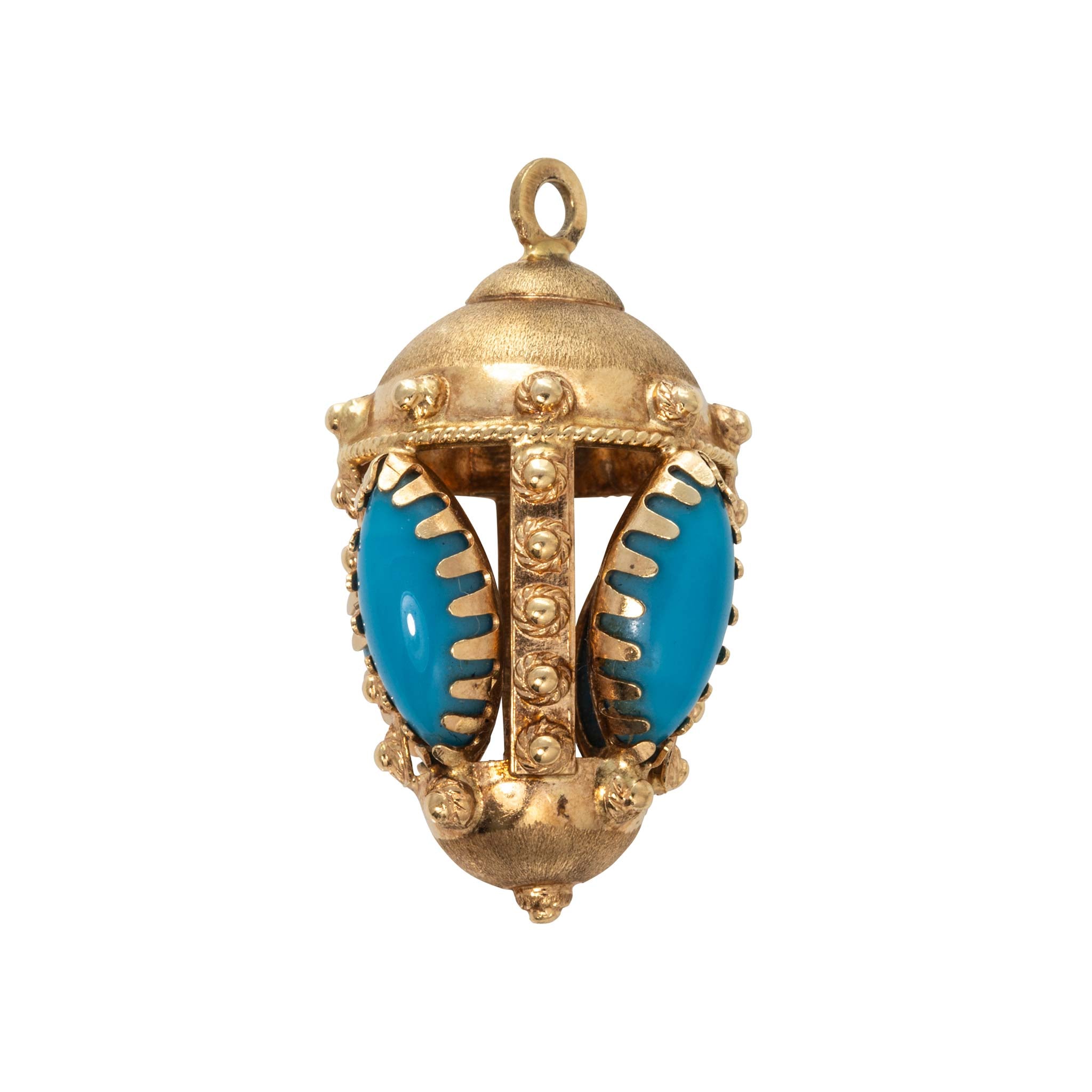 Vintage Etruscan-Revival Turquoise 18K Gold Fob Pendant