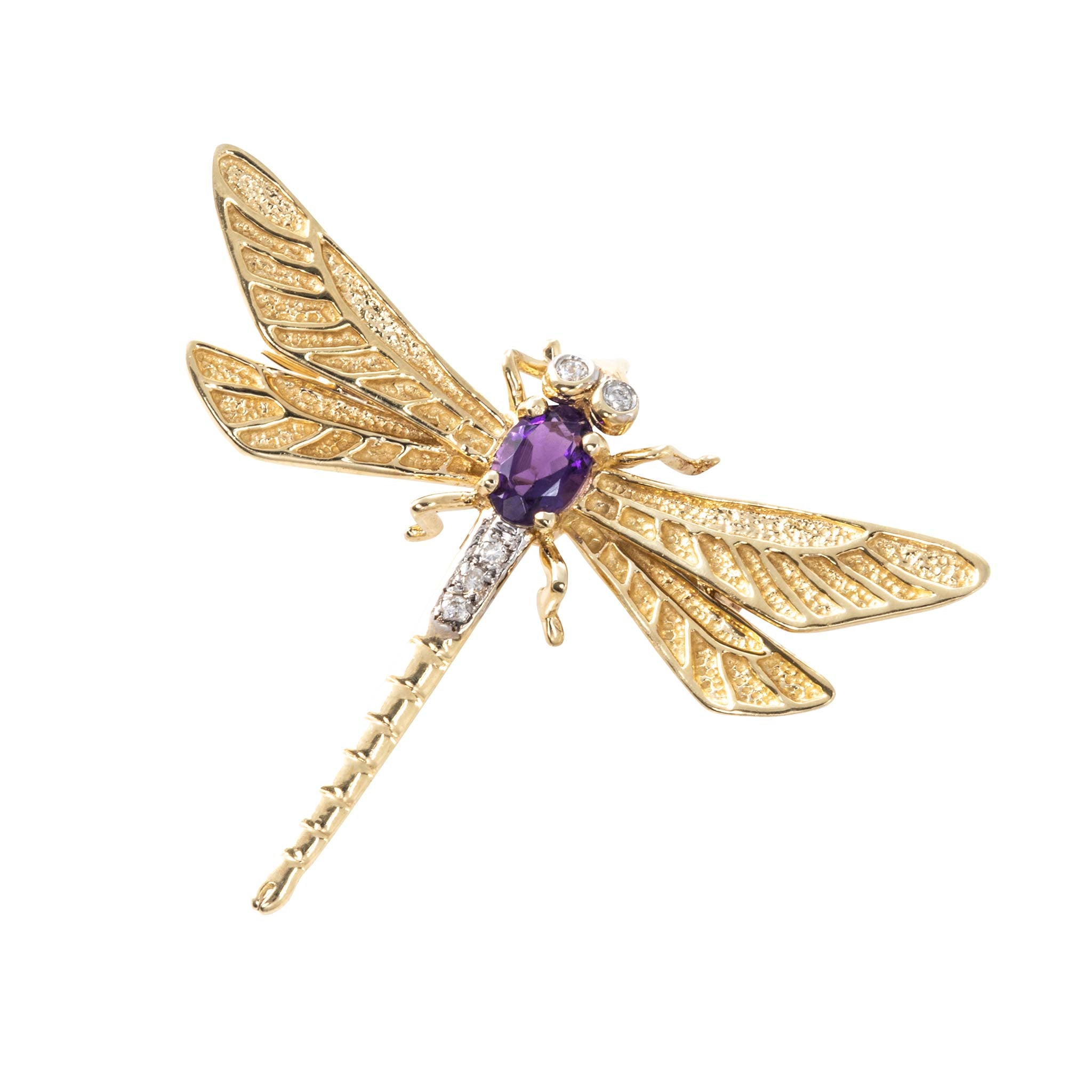 Vintage Amethyst & Diamond 14K Gold Dragonfly Pin/Pendant