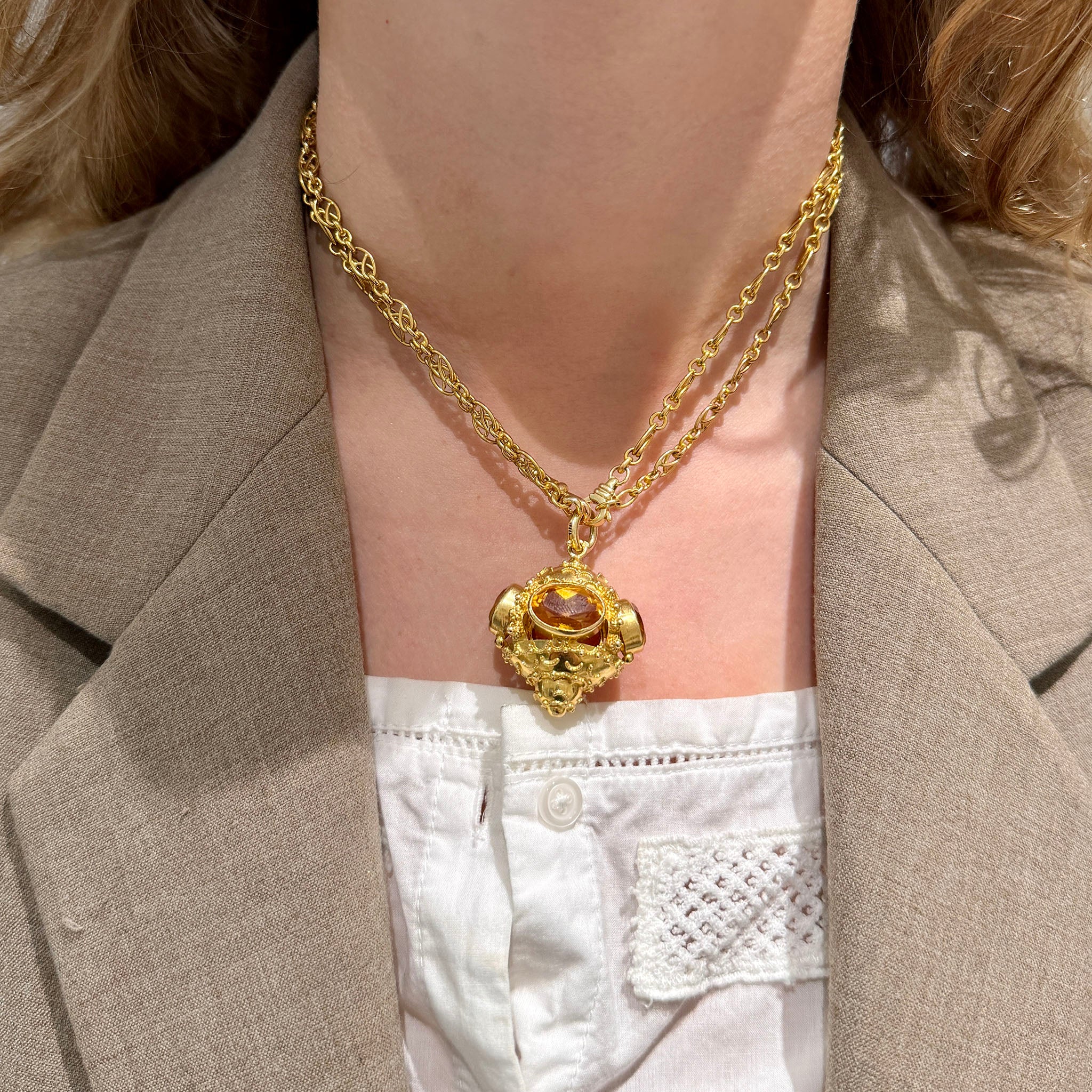 Vintage Etruscan-Revival Citrine 18K Gold Fob Pendant