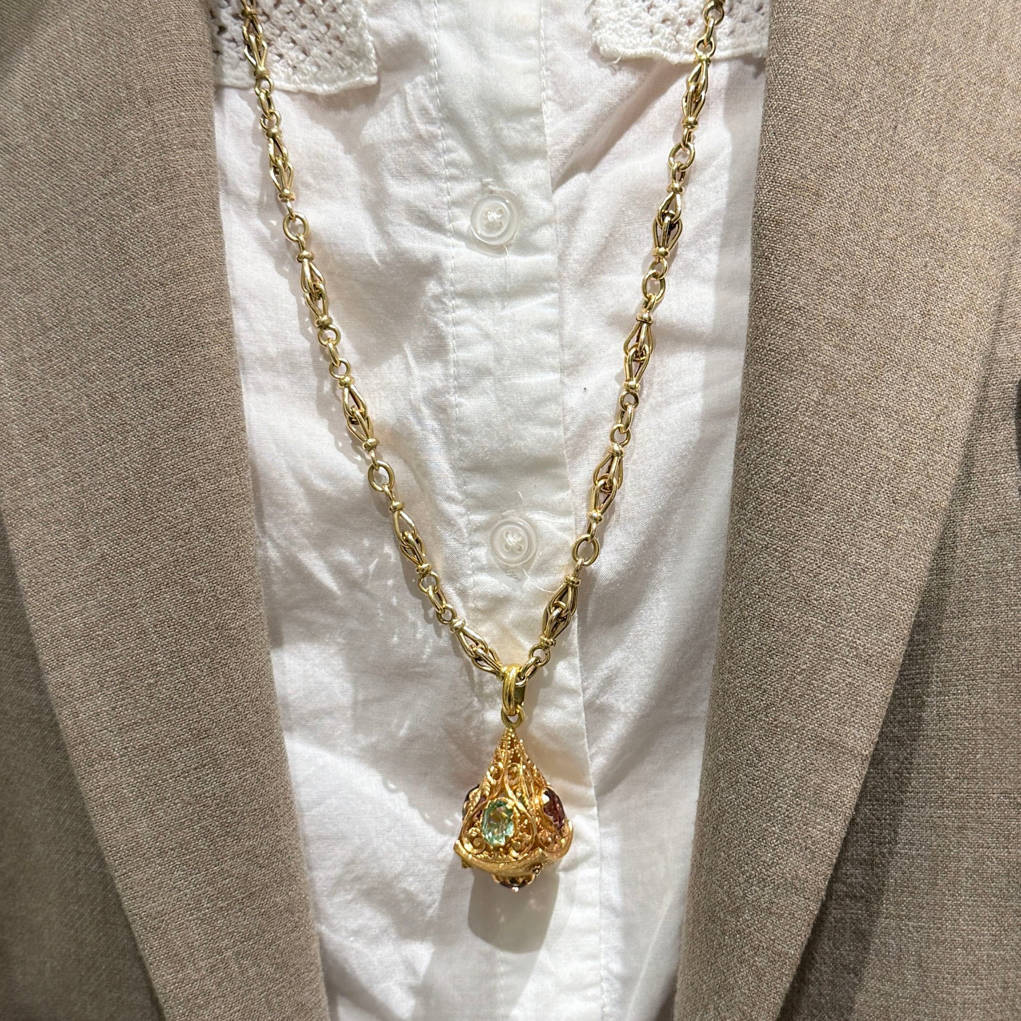 Vintage Etruscan-Revival Multi-Stone 18K Gold Fob Pendant