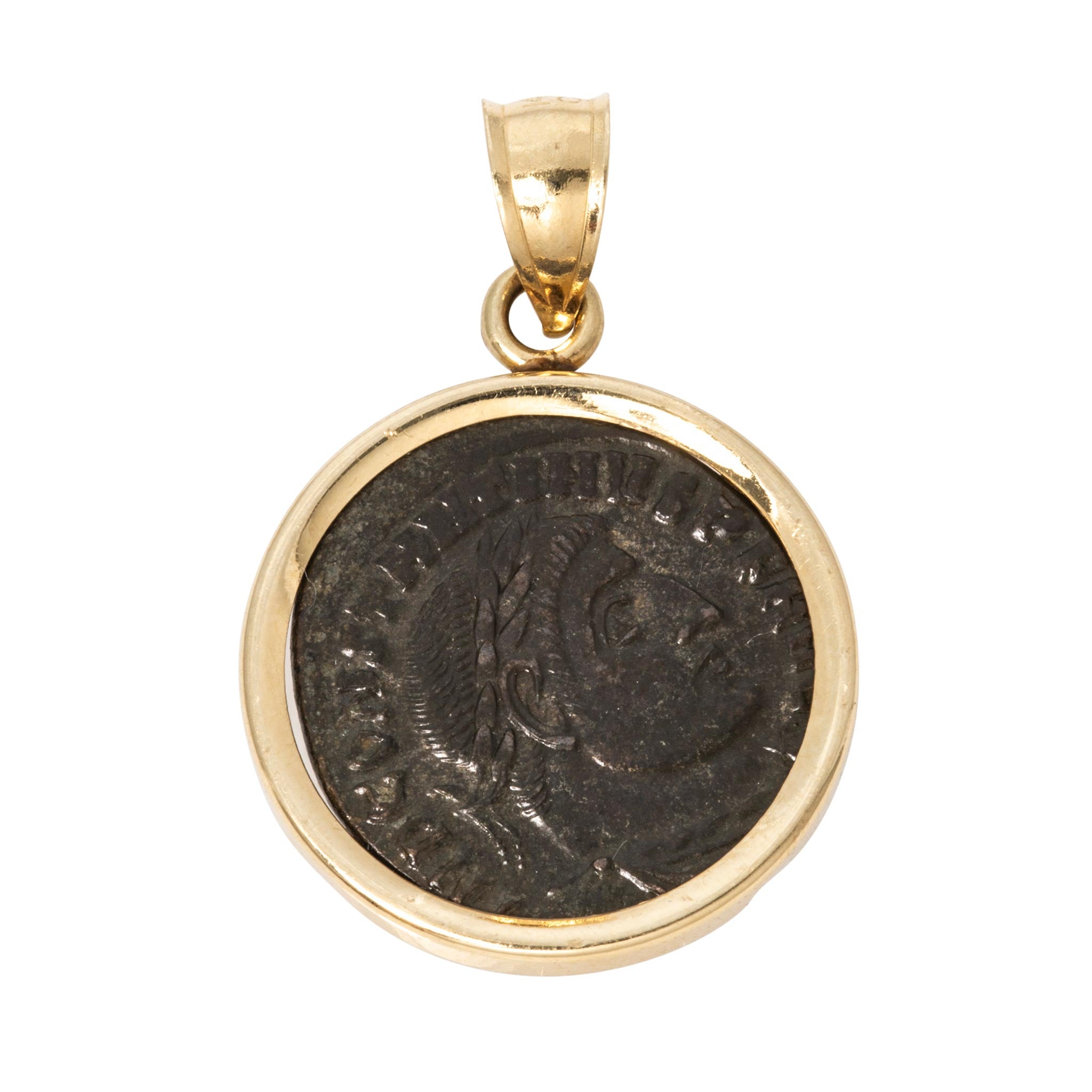 Estate Roman Bronze Coin 14K Gold Pendant