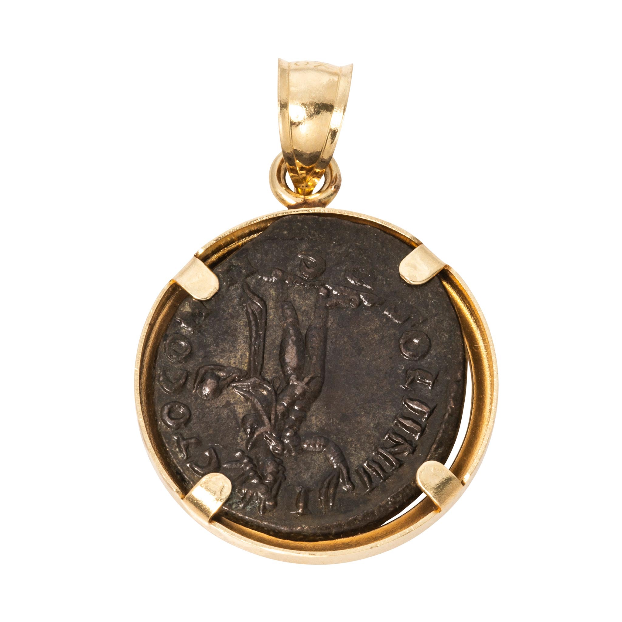 Estate Roman Bronze Coin 14K Gold Pendant