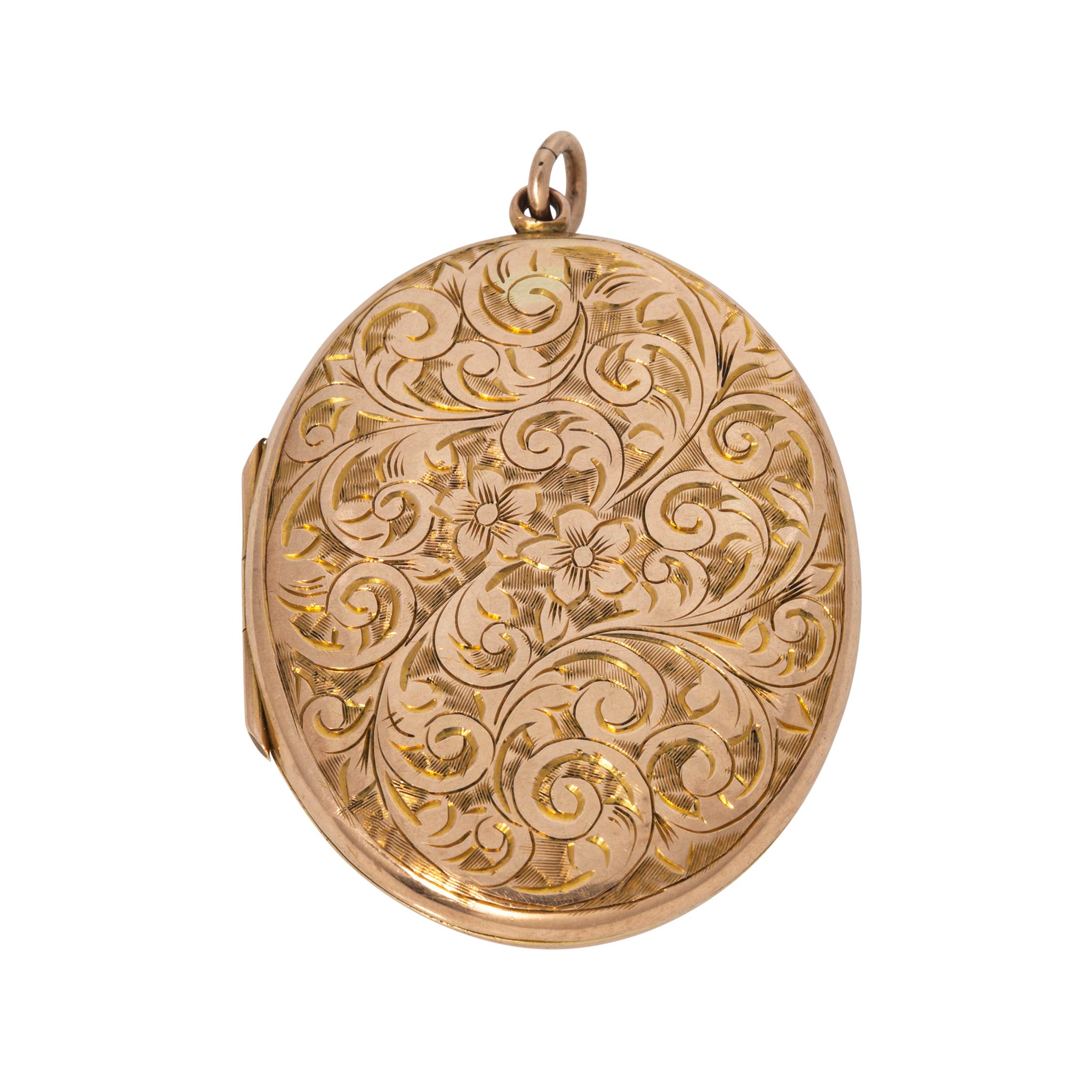 Edwardian 9K Gold Floral Engraved Oval Locket Pendant