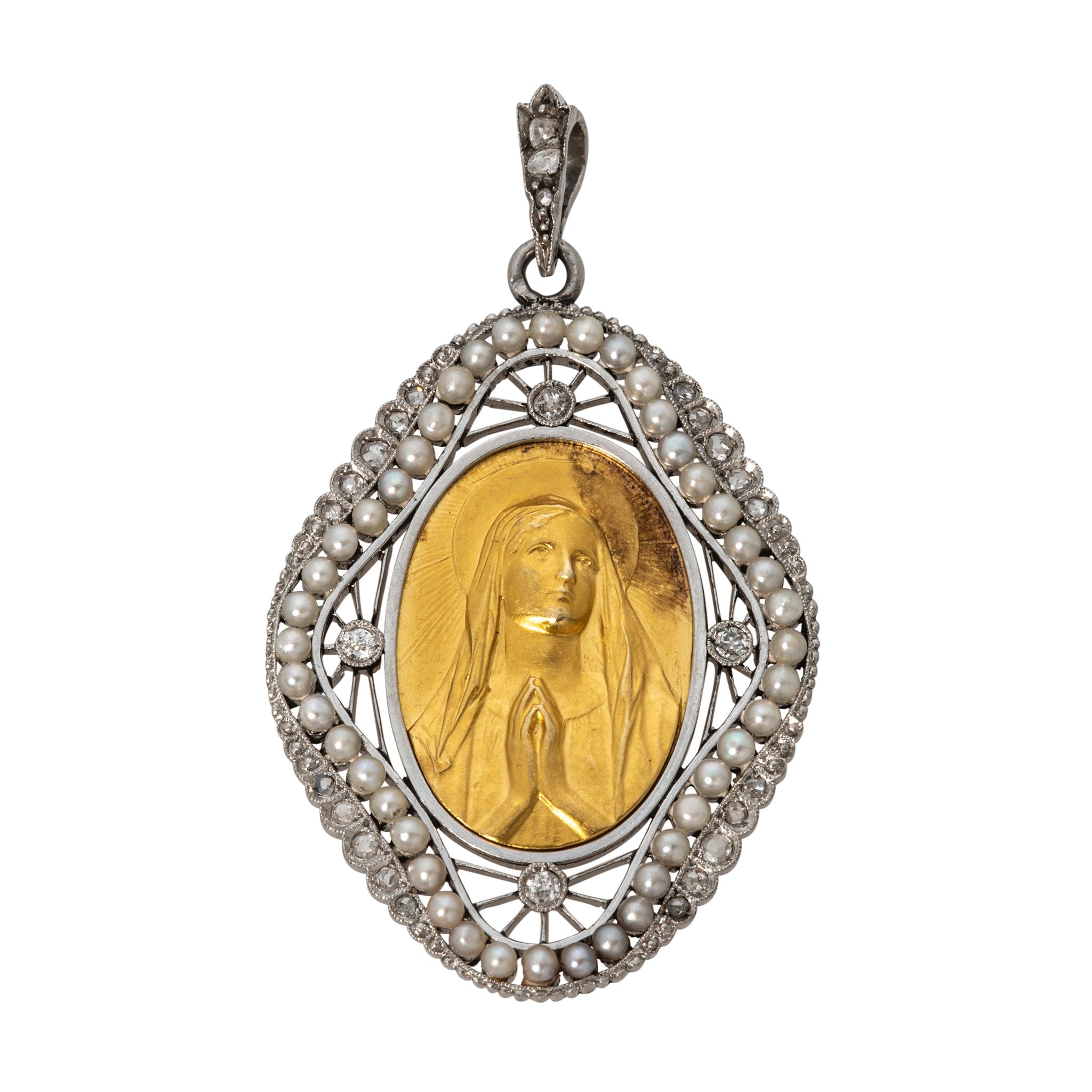 Antique Diamond & Seed Pearl Virgin Mary Pendant