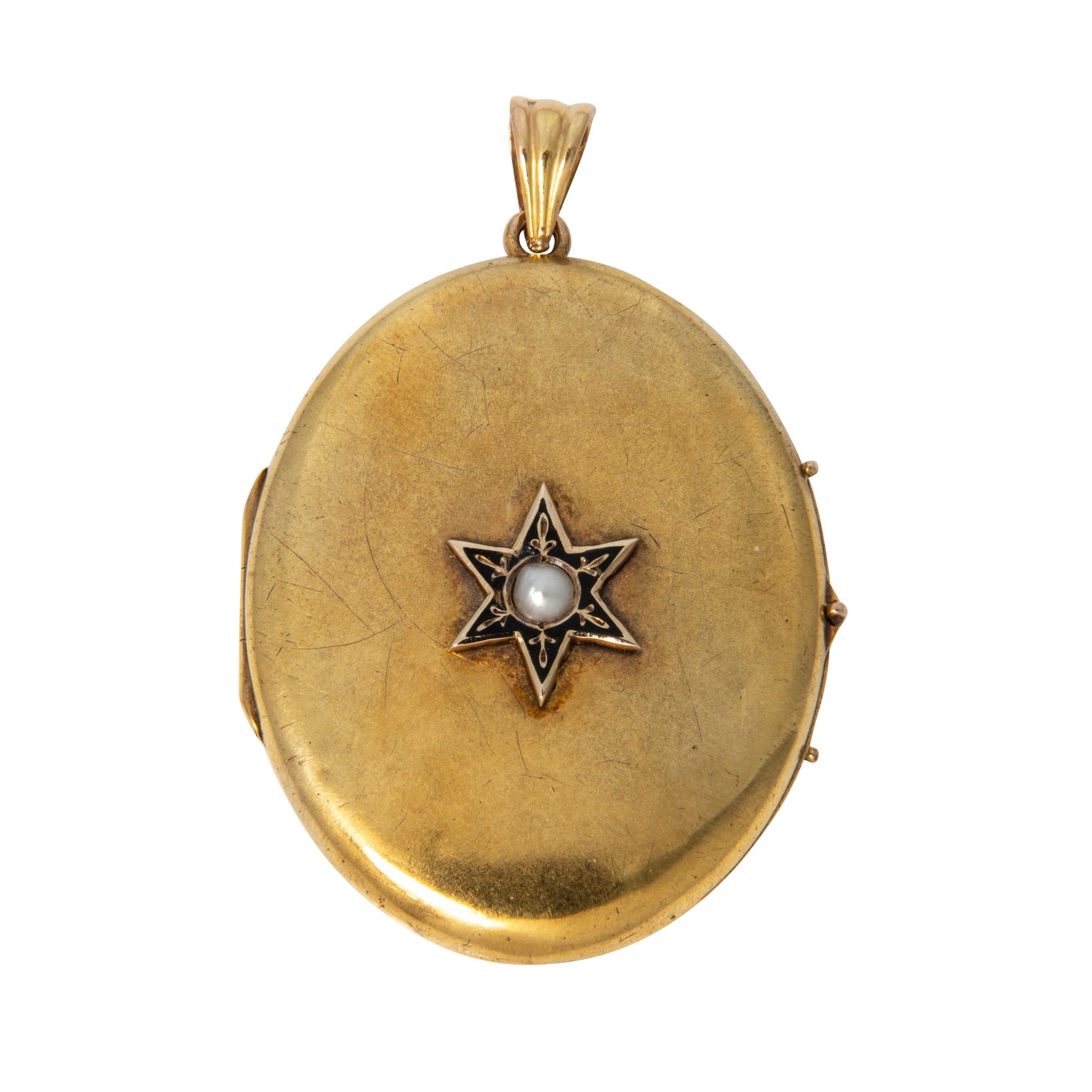 Victorian Style Pearl & Enamel Starburst 18K Gold Oval Locket Pendant