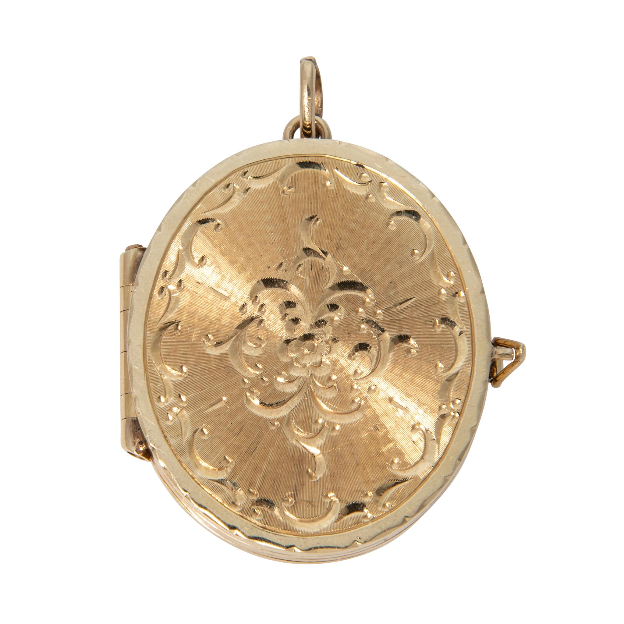 Vintage 14K Yellow Gold Engraved Oval Locket Pendant