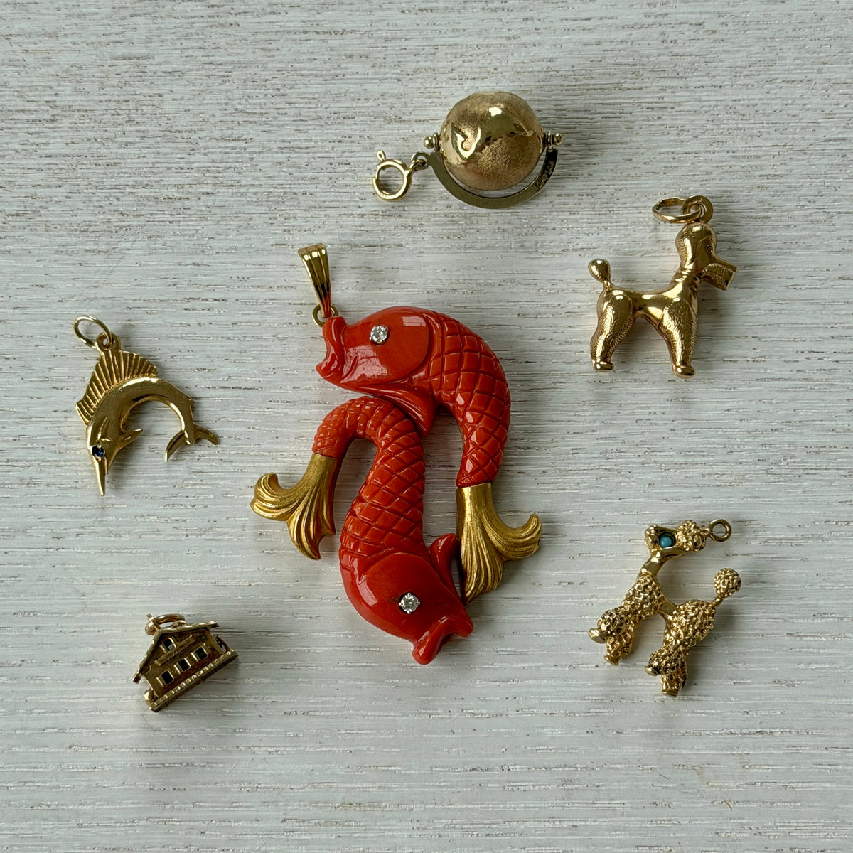 Estate Diamond & Carved Coral Koi Fish 18K Gold Pendant, Vintage 14K Gold Sailfish Charm, Vintage 14K Gold Spinning Globe Charm, Vintage Enamel Double Heart 14K Gold Chalet Charm, Vintage 14K Yellow Gold Poodle Charm