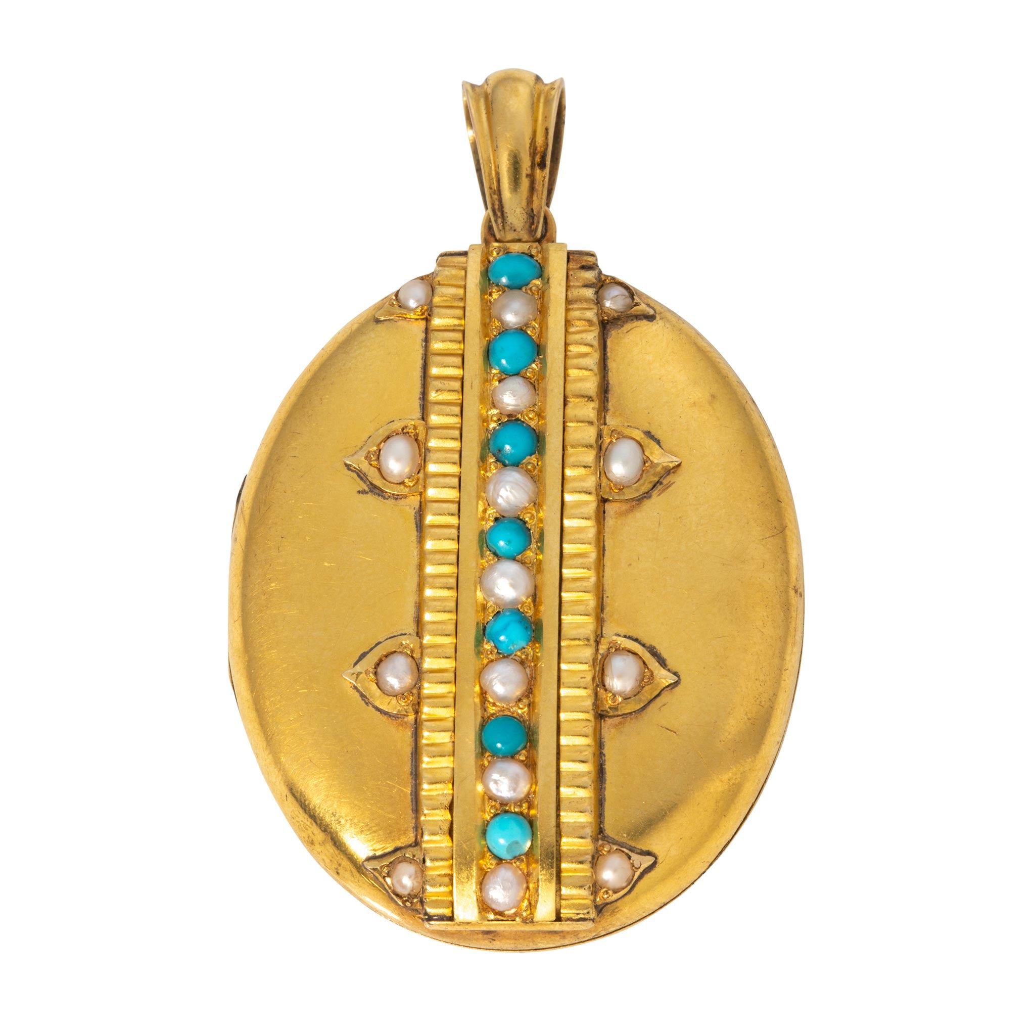 Victorian Seed Pearl & Turquoise 18K Gold Oval Locket Pendant