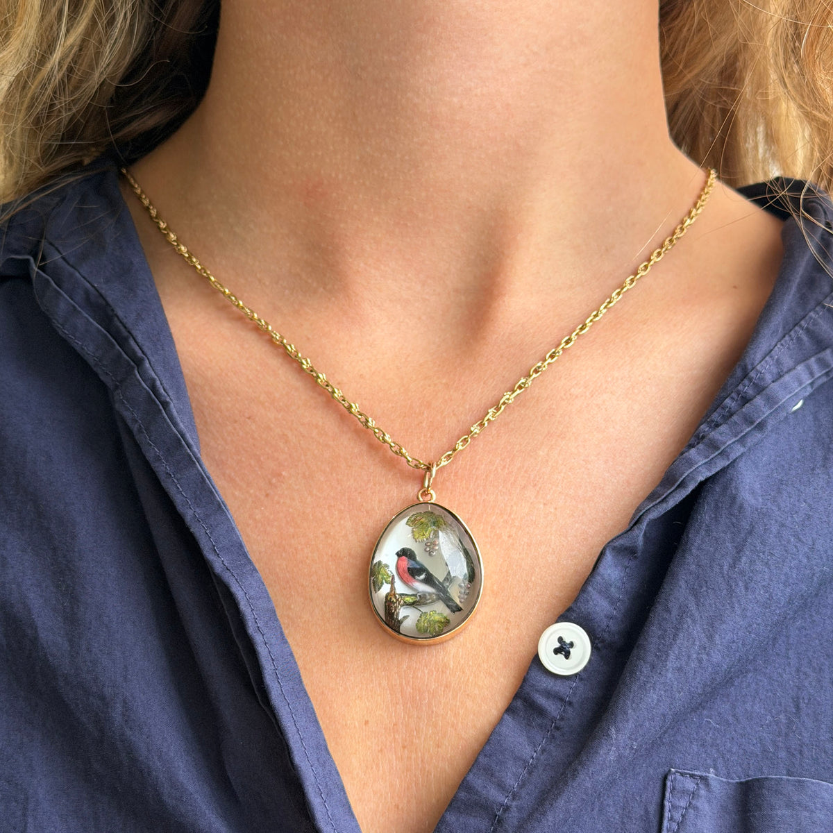Victorian Style Essex Crystal Eurasian Bullfinch 18K Gold Pendant