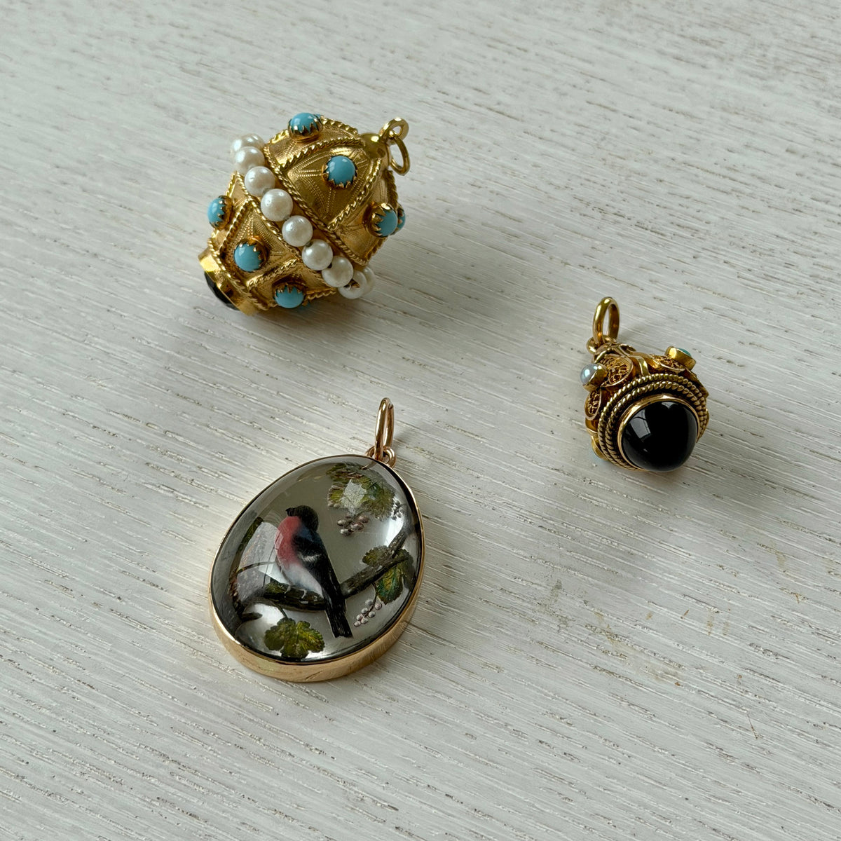 Vintage Etruscan-Revival Multi-Stone 18K Gold Fob Pendant, Vintage Etruscan-Revival Multi-Stone 18K Gold Fob Pendant, Victorian Style Essex Crystal Eurasian Bullfinch 18K Gold Pendant