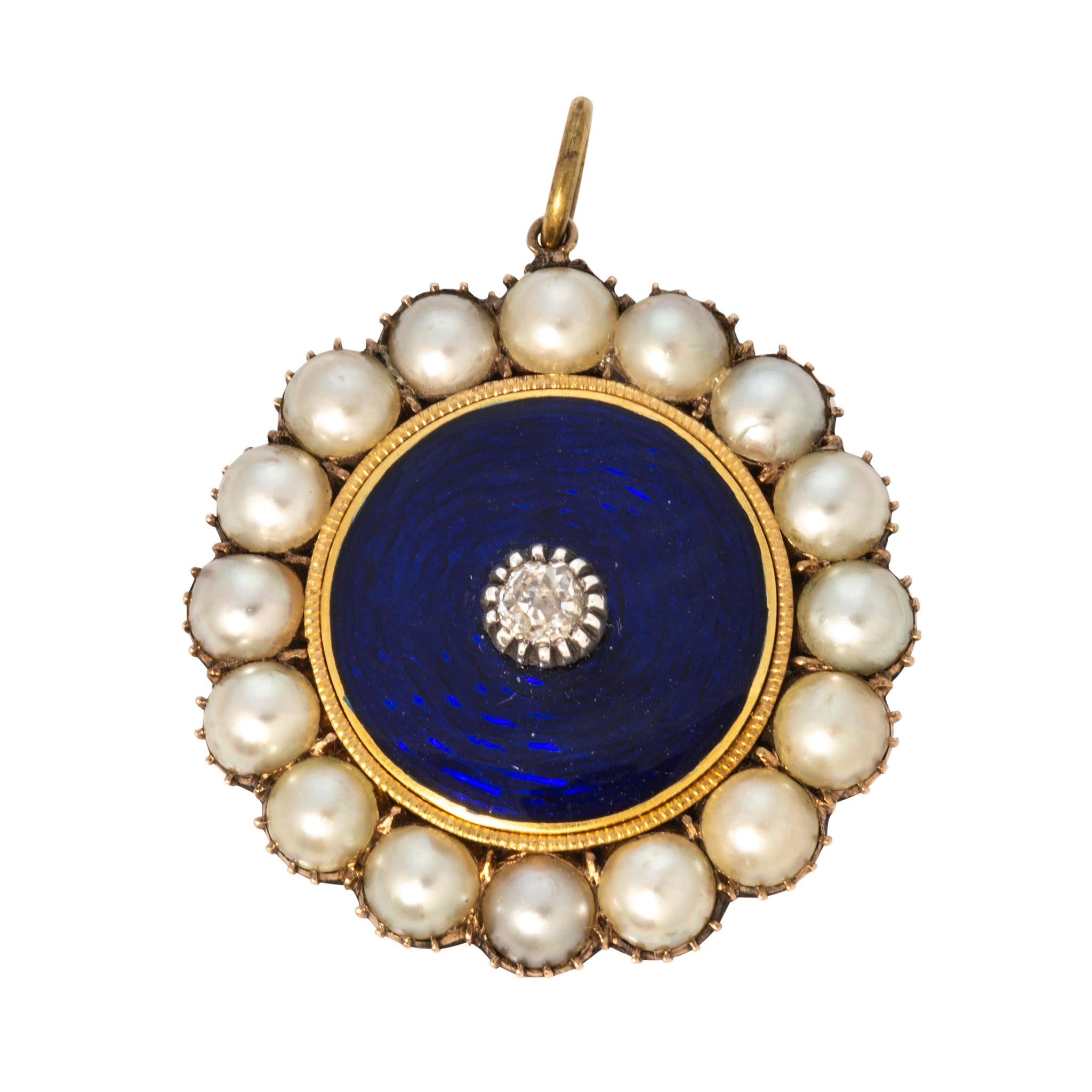Victorian Style Diamond, Pearl & Guilloché Enamel 10K Gold Pendant
