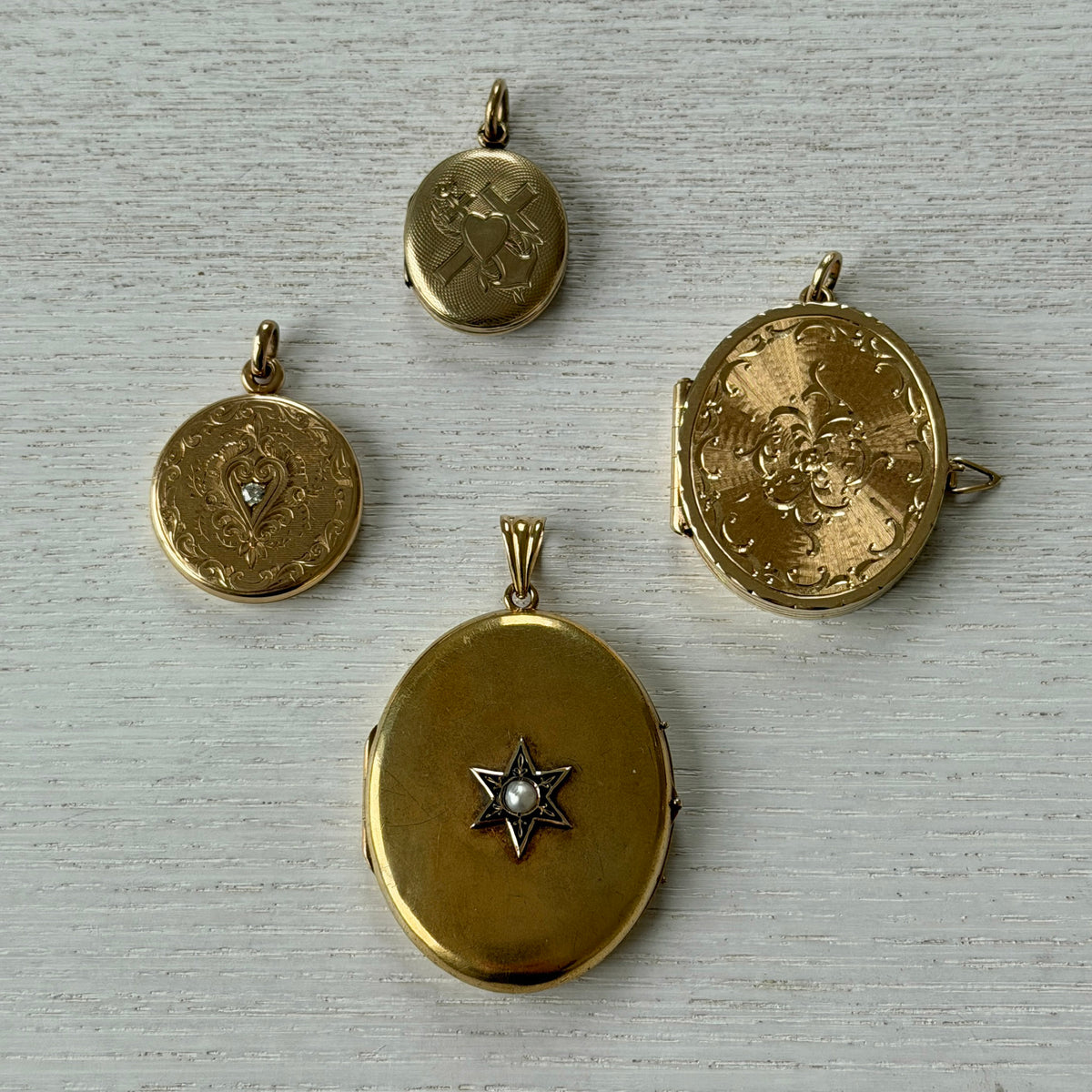 Victorian 10K Gold Double Sided Oval Locket Pendant, Victorian Style Diamond 14K Gold Double Sided Round Locket Pendant, Vintage 14K Yellow Gold Engraved Oval Locket Pendant, Victorian Style Pearl & Enamel Starburst 18K Gold Oval Locket Pendant