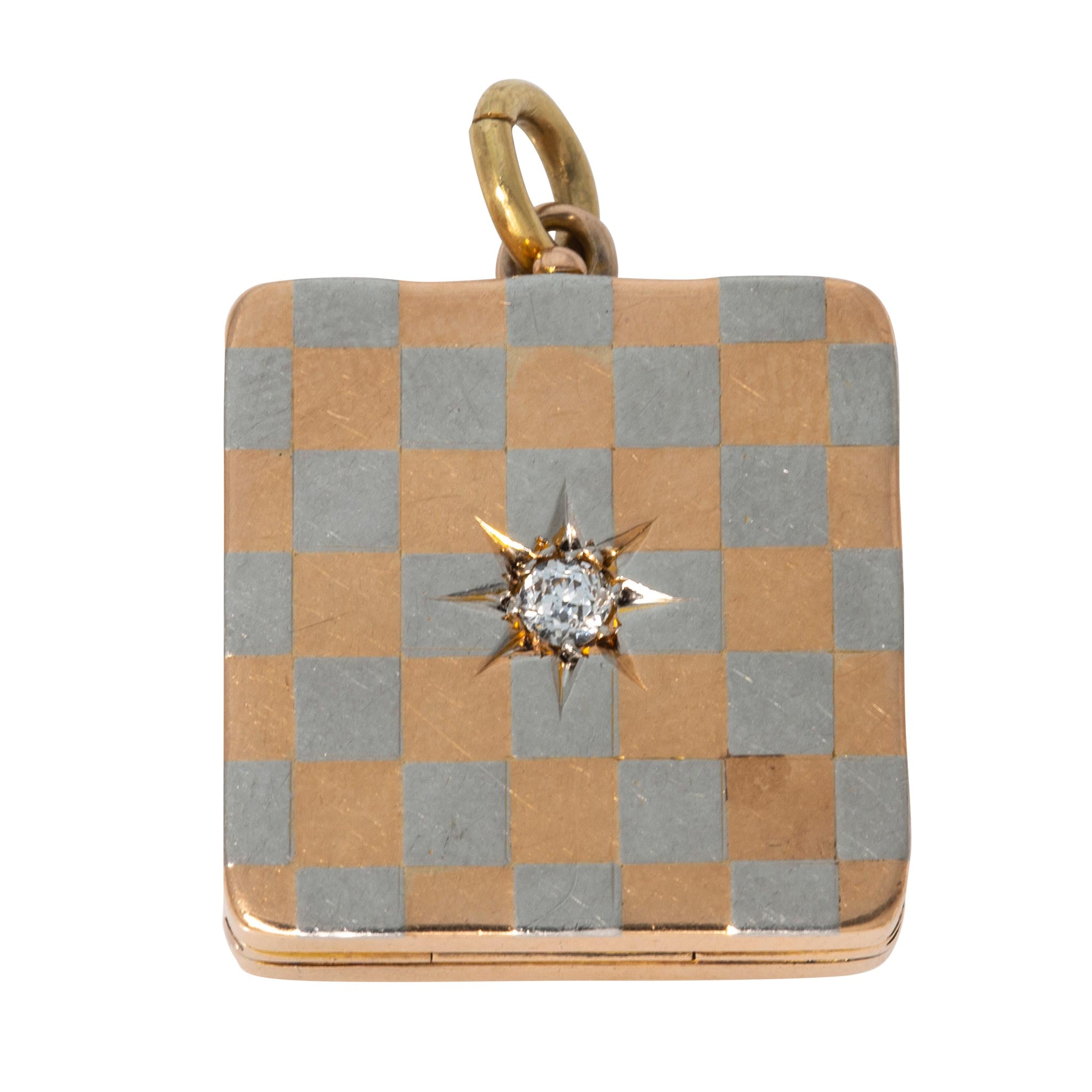 Victorian Style Diamond 14K Gold Checkerboard Locket Pendant