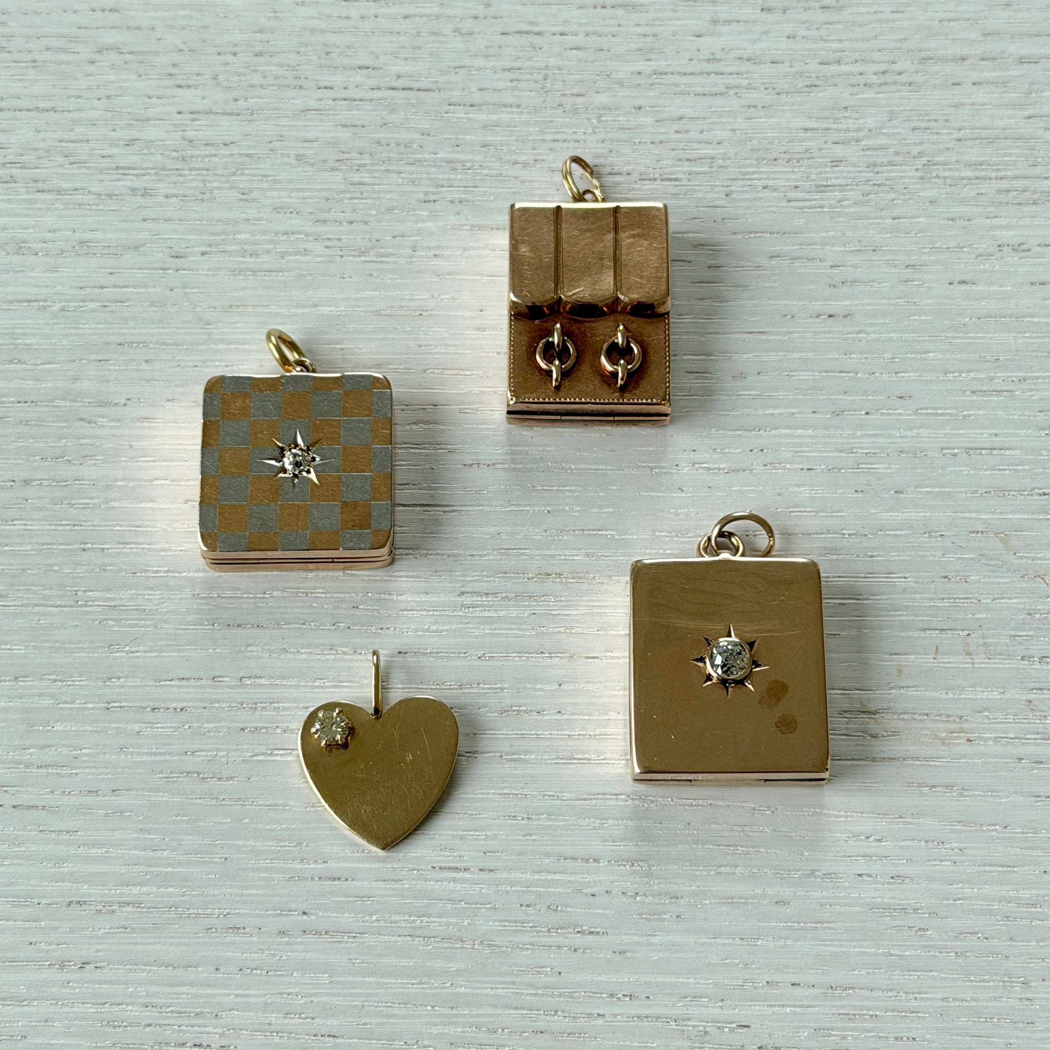 Victorian Style Diamond 14K Gold Checkerboard Locket Pendant, Victorian Diamond 10K Gold Rectangle Locket Pendant, Estate Diamond 14K Yellow Gold Heart Charm