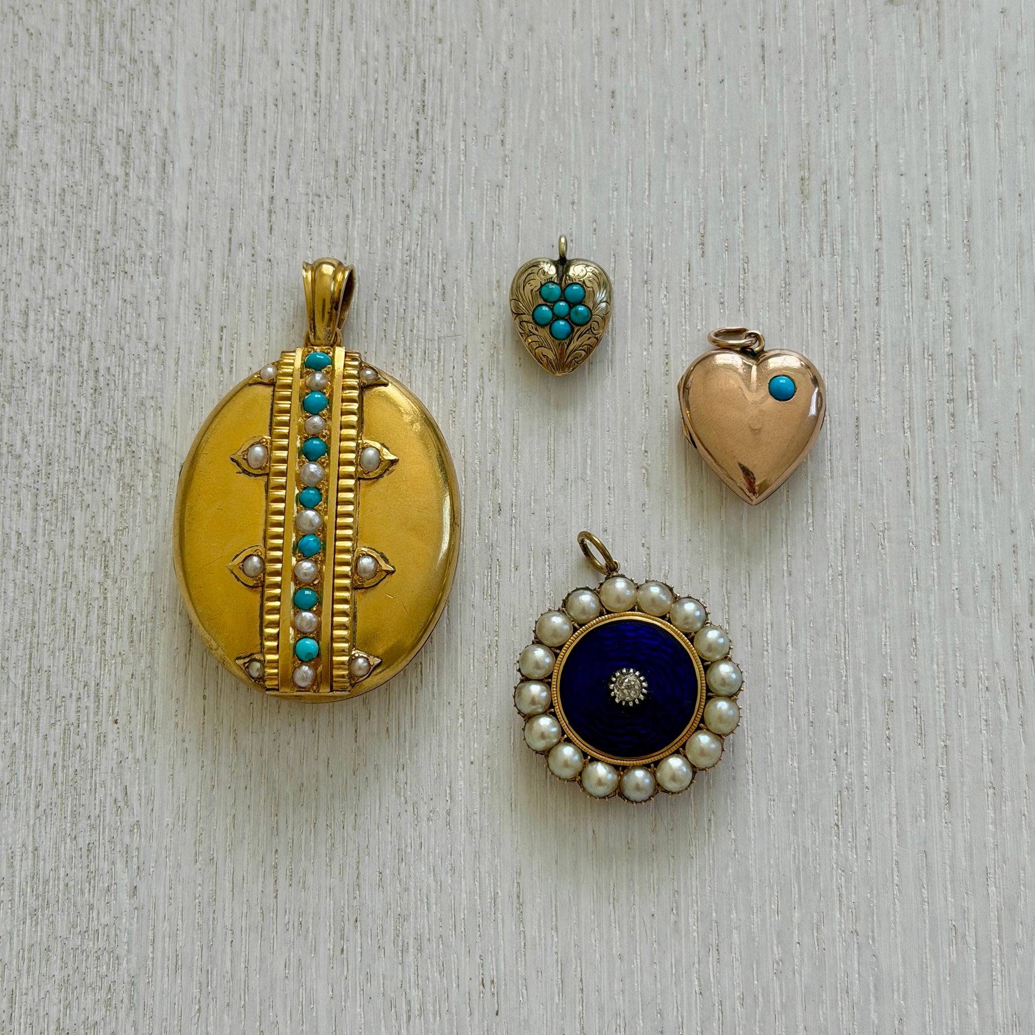 Victorian Turquoise Flower 9K Gold Heart Pendant, Victorian Turquoise 9K Gold Heart Locket Pendant, Victorian Style Diamond, Pearl & Guilloché Enamel 10K Gold Pendant, Victorian Seed Pearl & Turquoise 18K Gold Oval Locket Pendant
