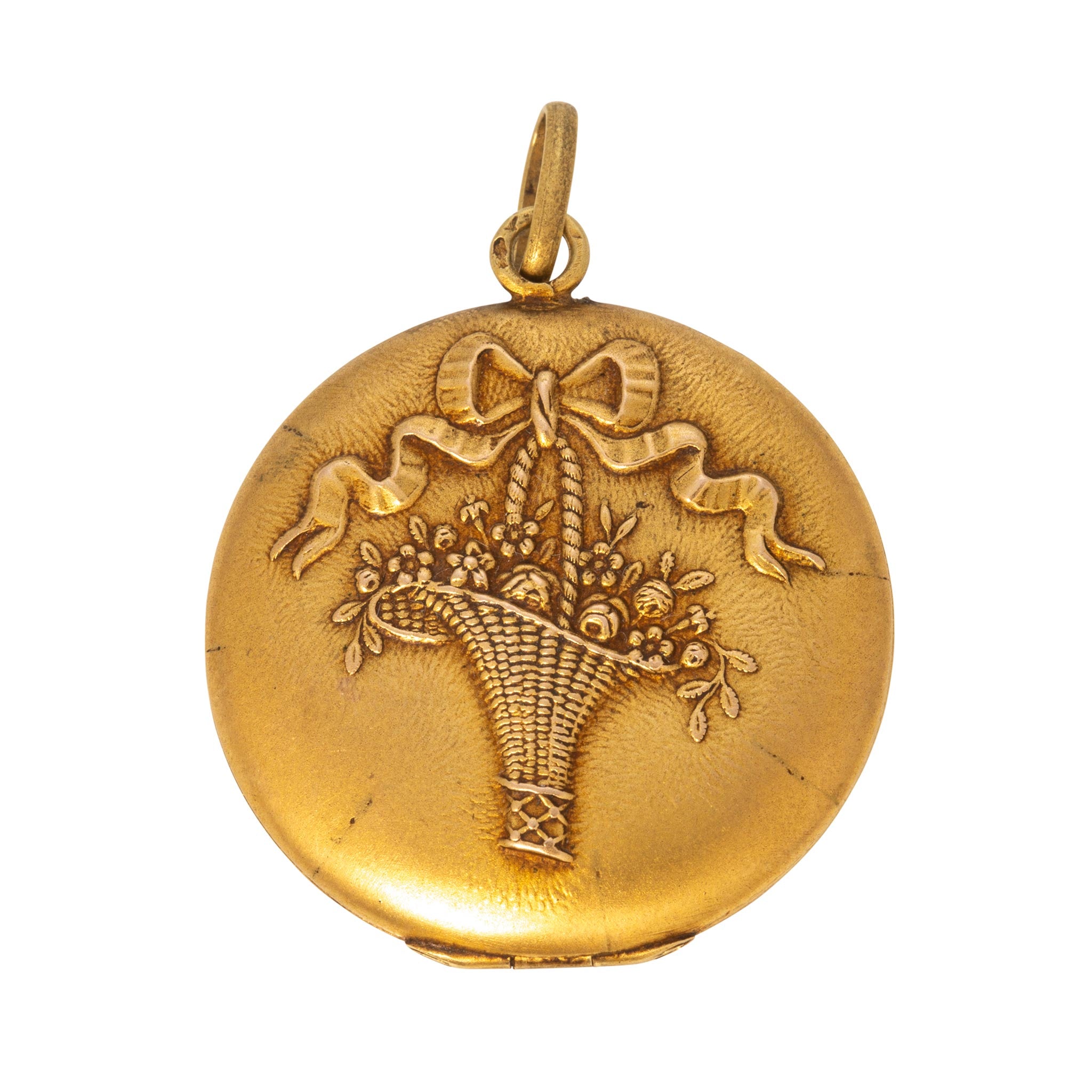 Victorian 18K Gold Flower Basket Repoussé Round Locket Pendant