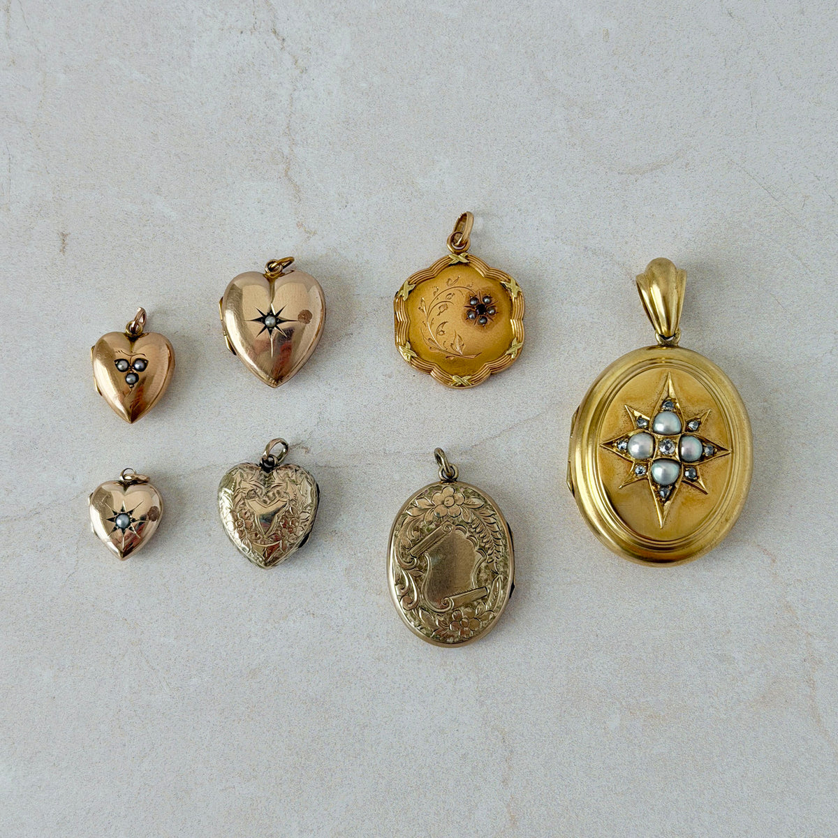 Edwardian Pearl Trio 15K Gold Puffy Heart Locket Pendant, Victorian Pearl 9K Gold Puffy Heart Locket Pendant, Victorian 9K Gold Back & Front Engraved Heart Locket Pendant, Victorian Pearl & Diamond Starburst 15K Gold Oval Locket Pendant, Victorian Pearl & Ruby Floral 18K Gold Locket Pendant, Victorian 9K Gold Back & Front Engraved Oval Locket Pendant