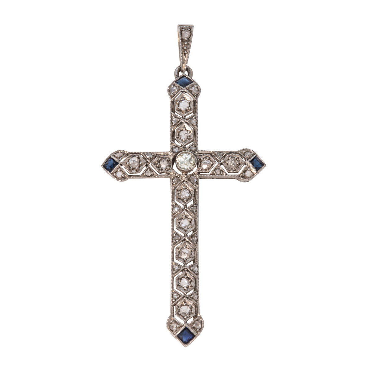 Art Deco Style Diamond & Sapphire Platinum Cross Pendant