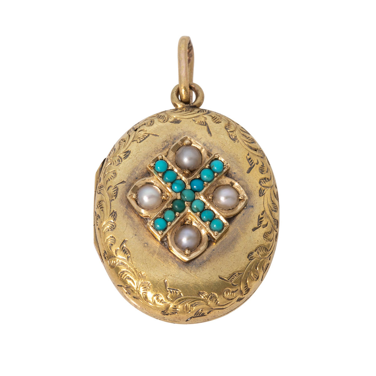 Victorian Pearl & Turquoise 18K Gold Oval Locket Pendant