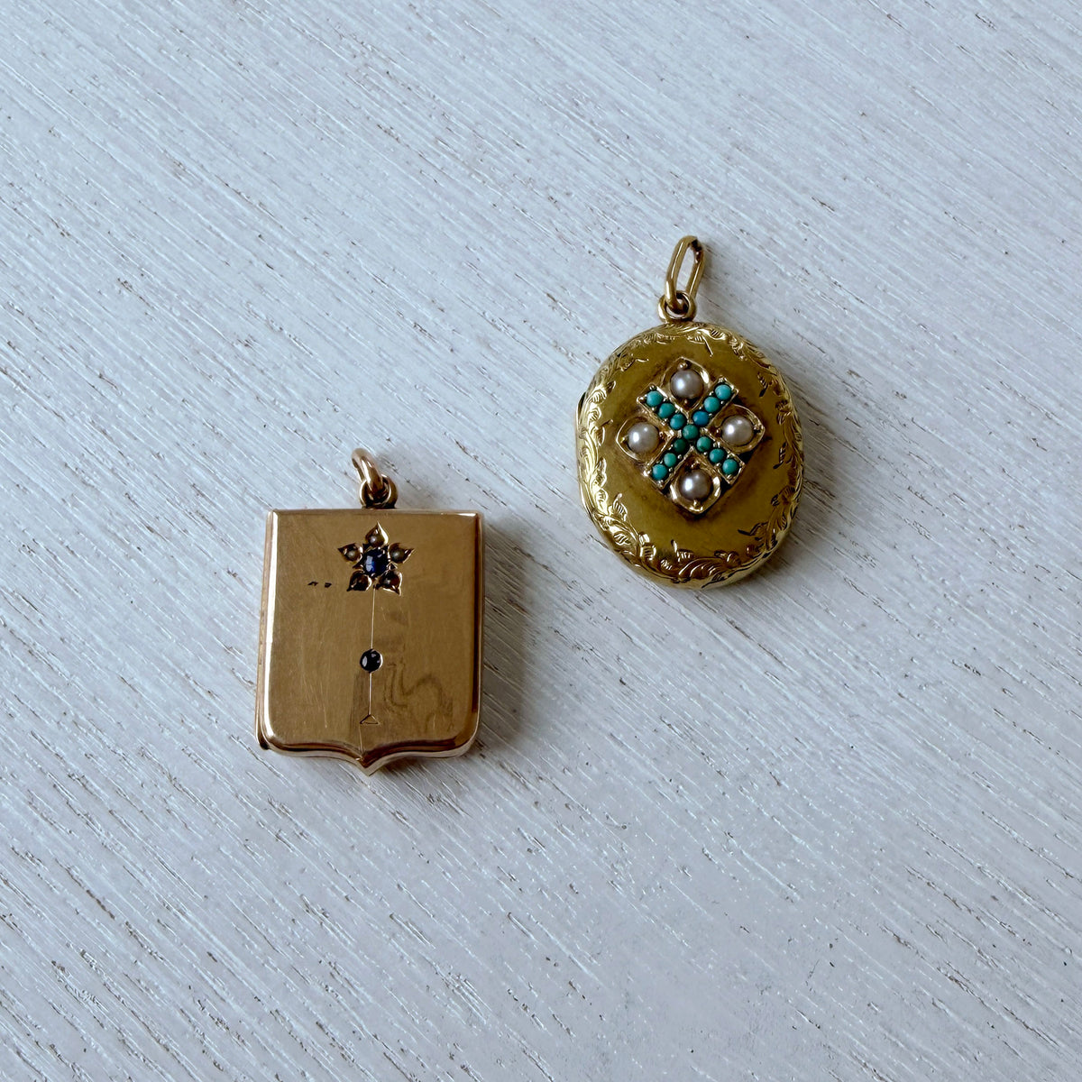 Victorian Sapphire & Pearl 9K Gold Shield Locket Pendant, Victorian Pearl & Turquoise 18K Gold Oval Locket Pendant