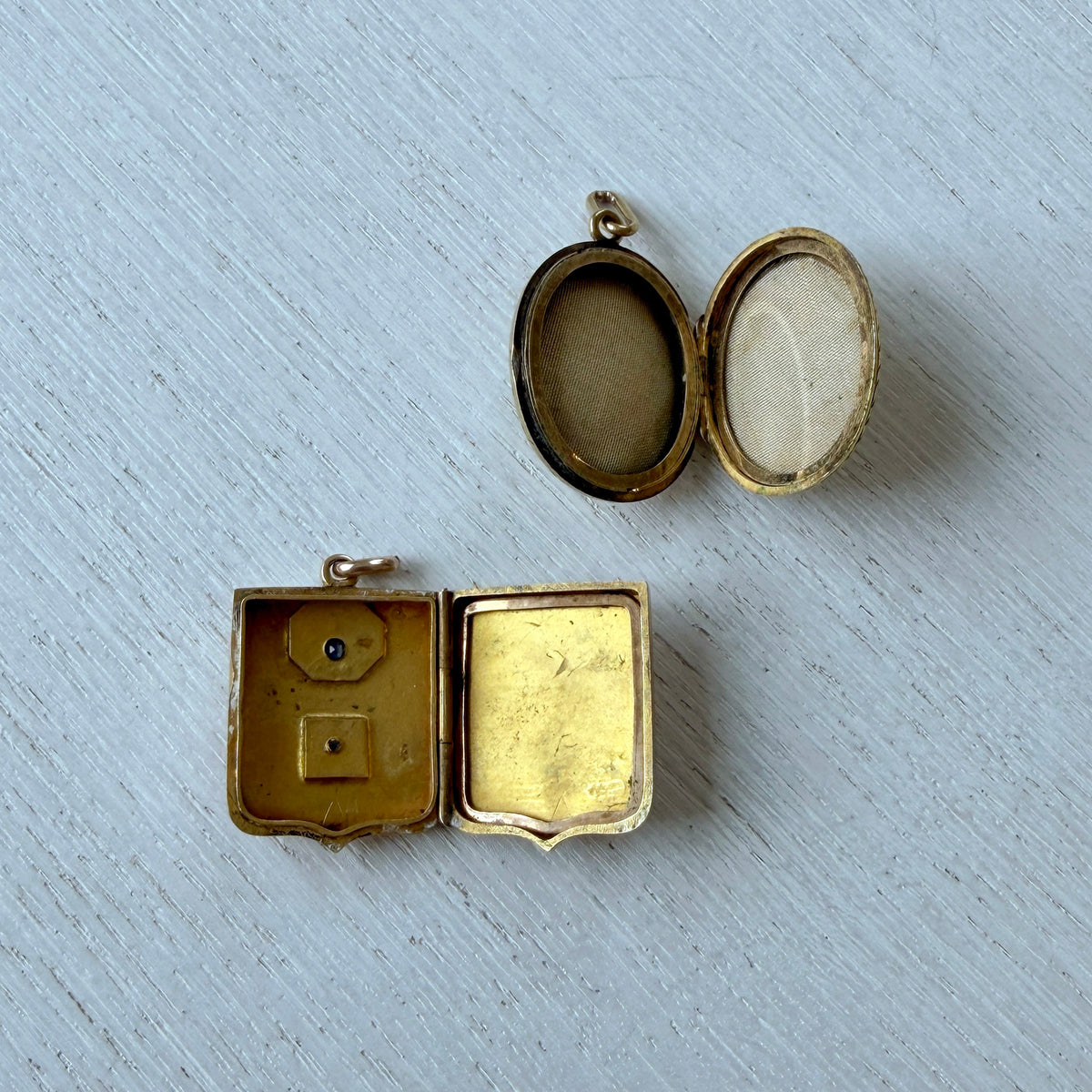 Victorian Sapphire & Pearl 9K Gold Shield Locket Pendant, Victorian Pearl & Turquoise 18K Gold Oval Locket Pendant