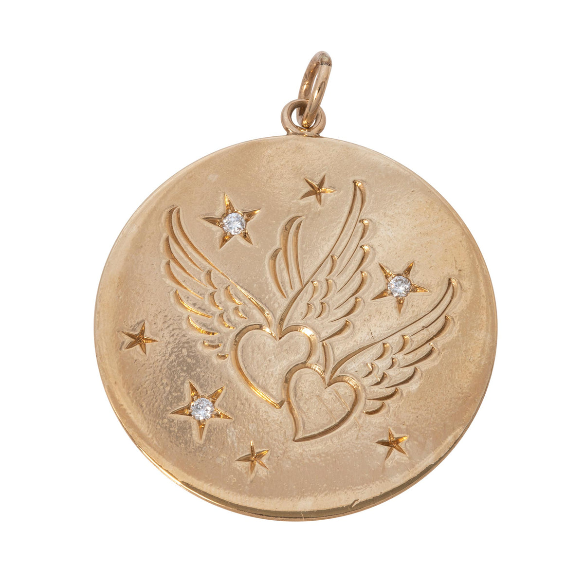 Estate Diamond 14K Gold Engraved Winged Hearts Disc Pendant