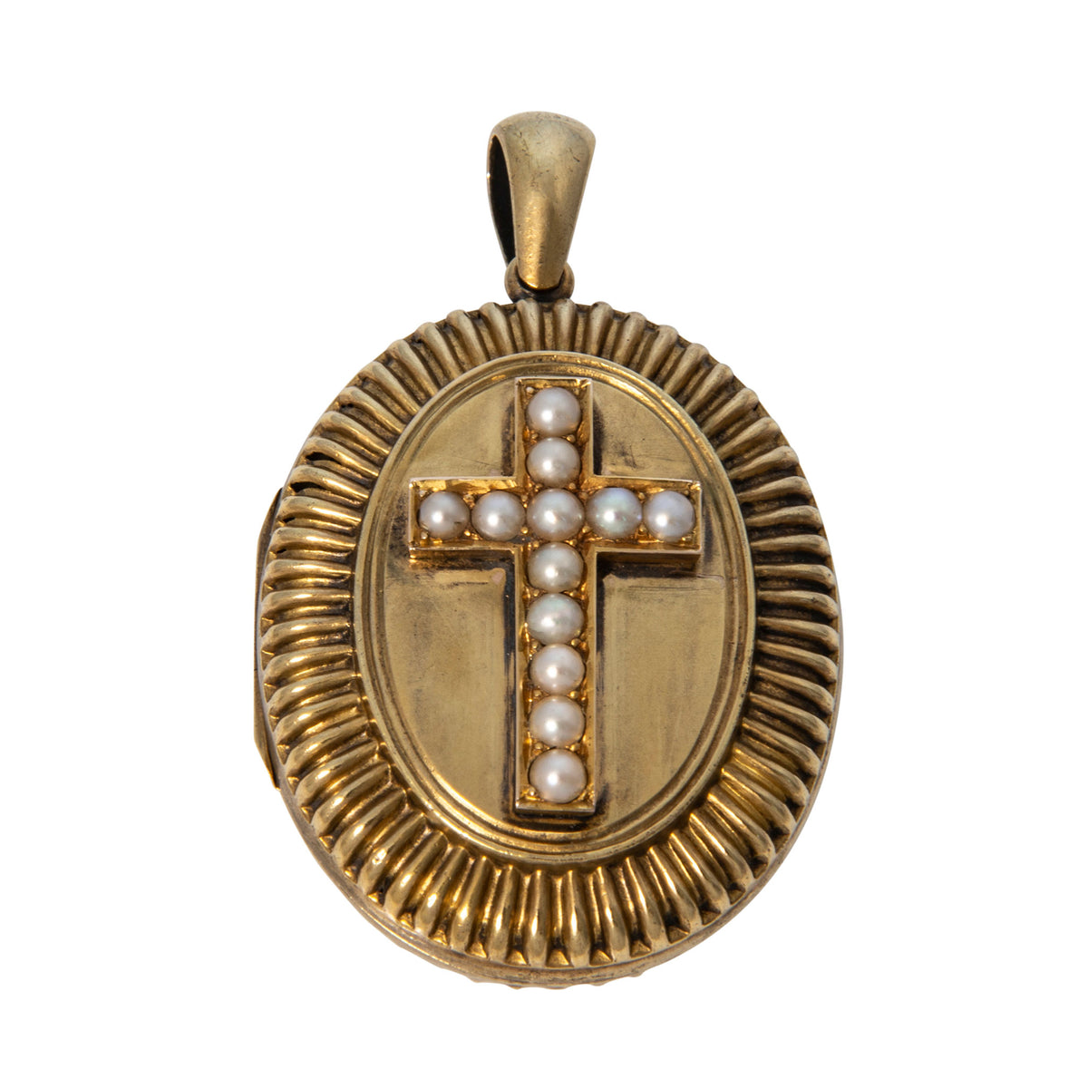 Victorian Style Pearl Cross 18K Gold Oval Locket Pendant