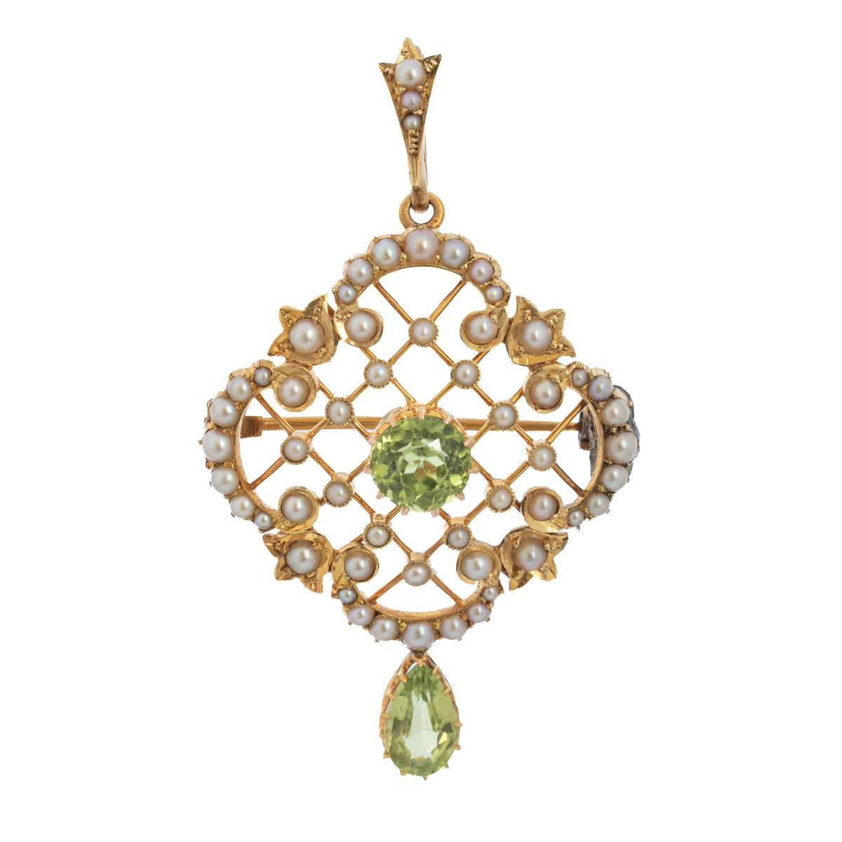 Victorian 15K yellow gold pin/pendant with seed pearl latticework, a round peridot center, and a pear-shaped peridot drop.