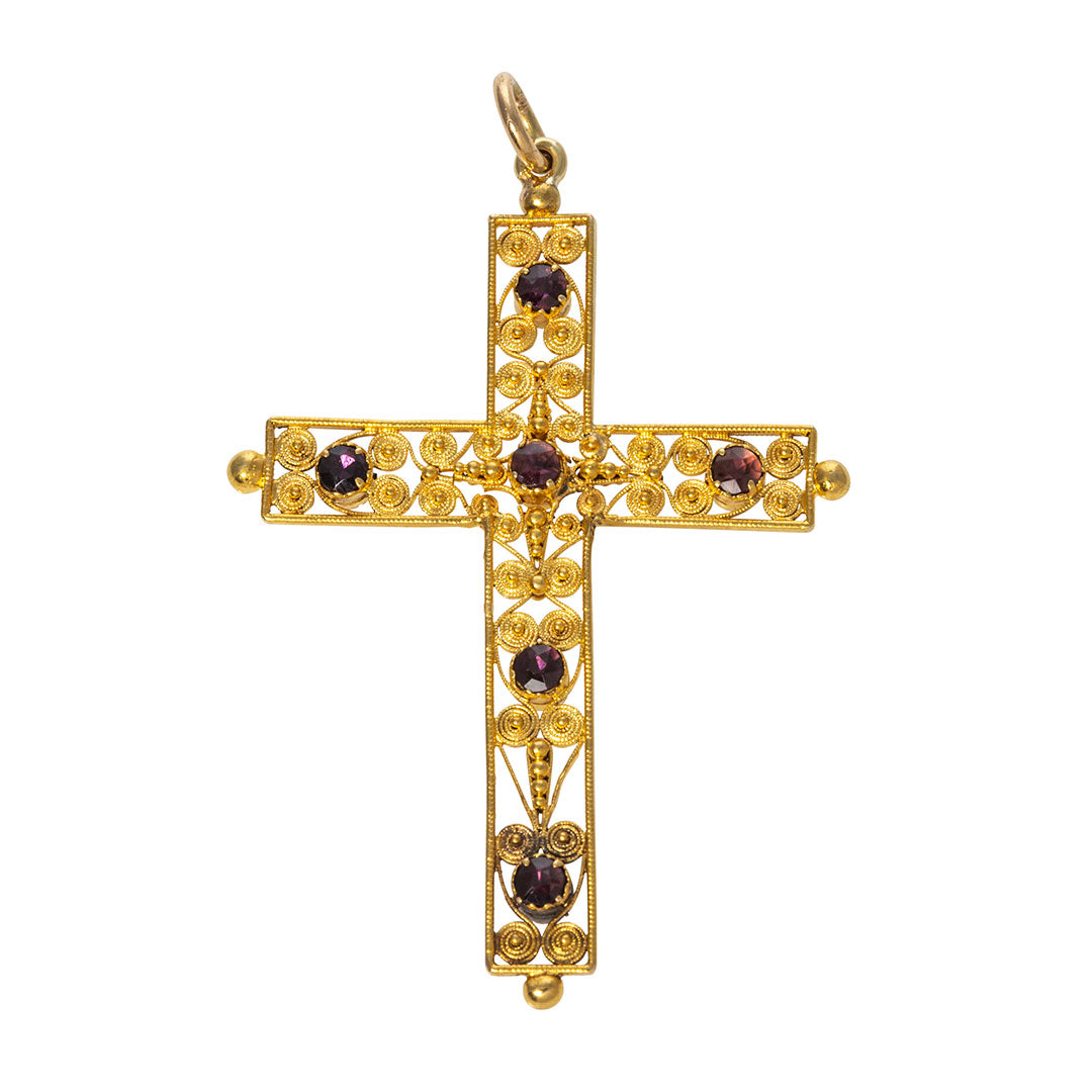 Victorian Garnet 15K Gold Cannetille Cross Pendant