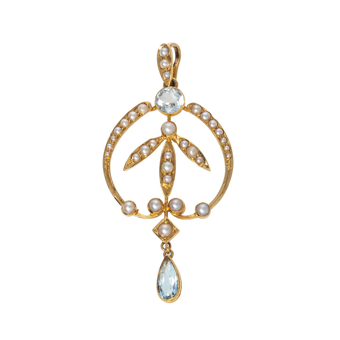 Art Nouveau Aquamarine & Pearl 14K Yellow Gold Pendant