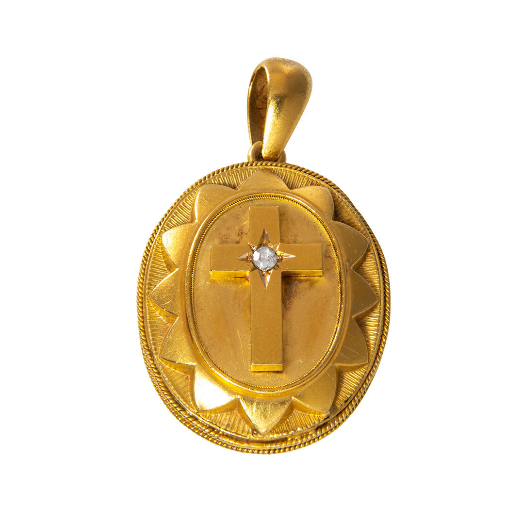 Victorian Diamond 18K Gold Cross Oval Locket Pendant