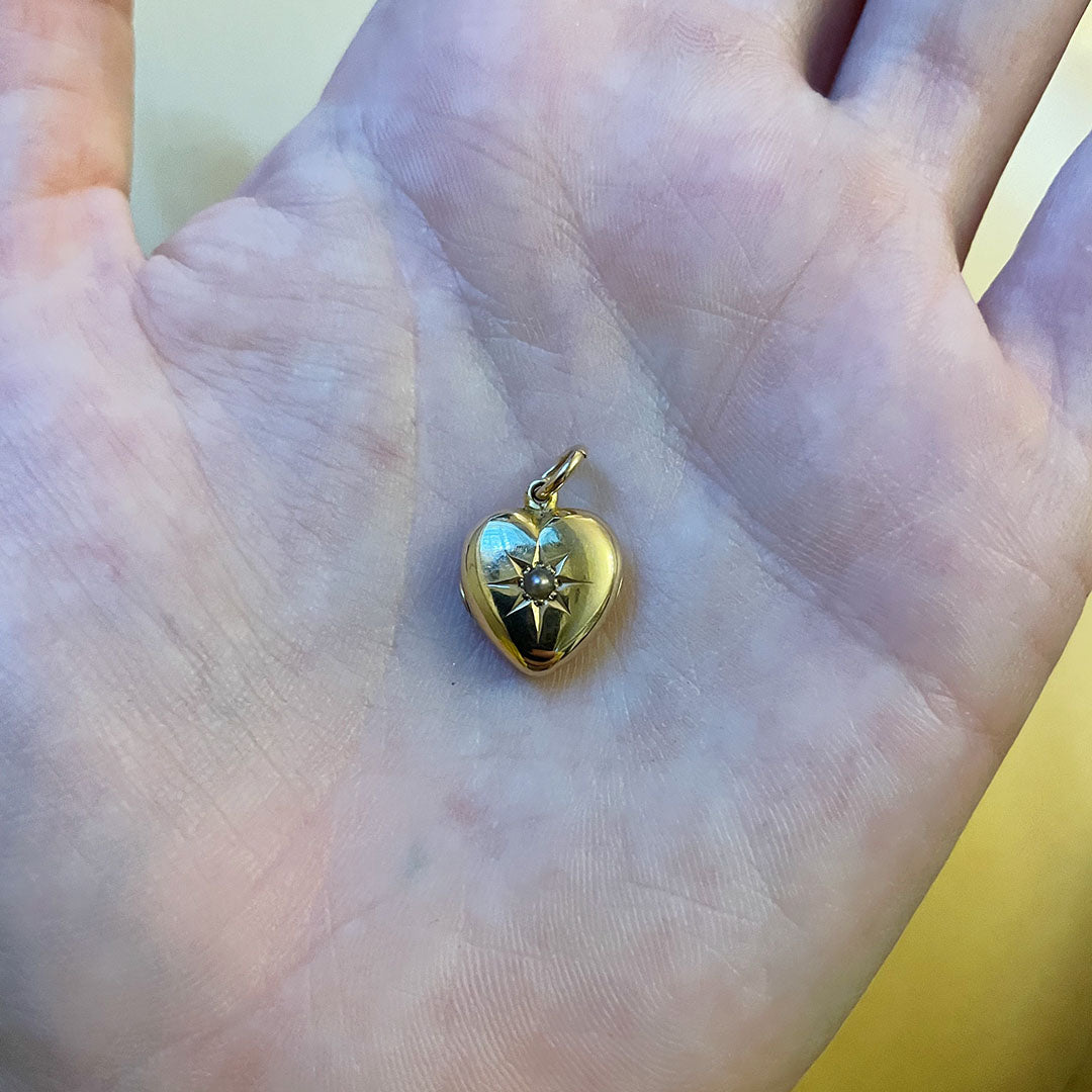 Victorian Pearl Starburst 15K Gold Heart Locket Pendant