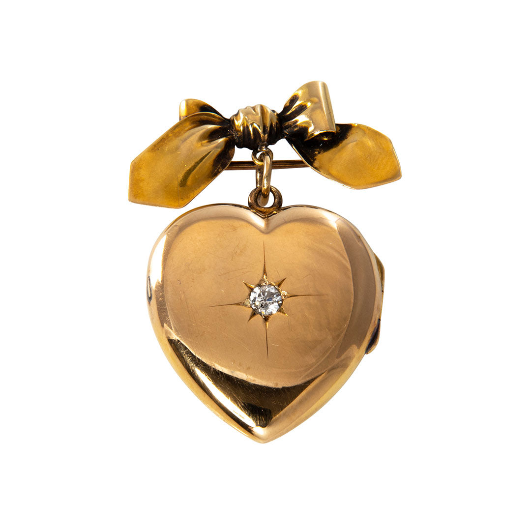 Victorian Diamond 18K Gold Heart Locket Bow Pin