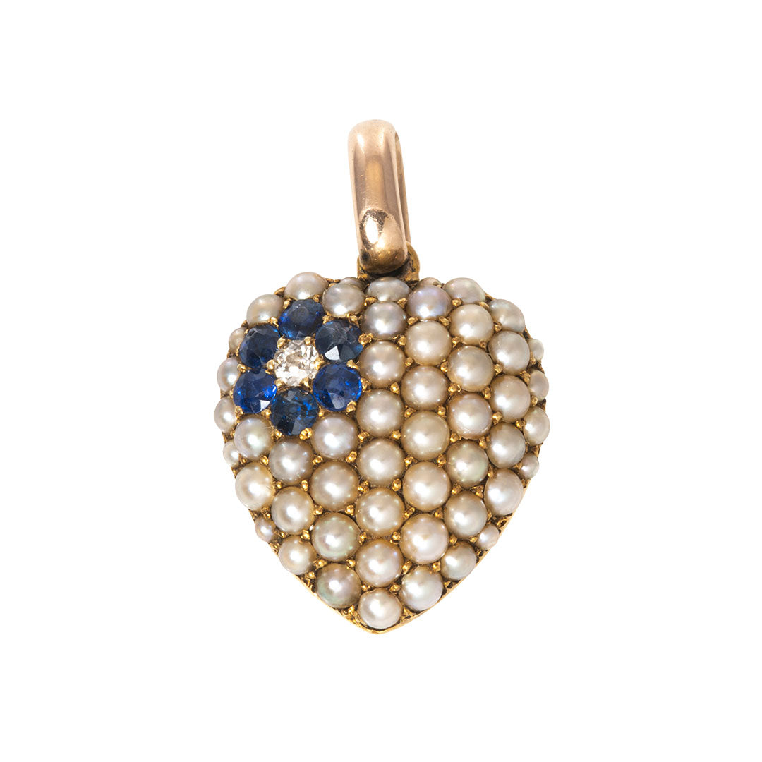 Estate Pearl, Sapphire & Diamond 14K Gold Heart Pendant
