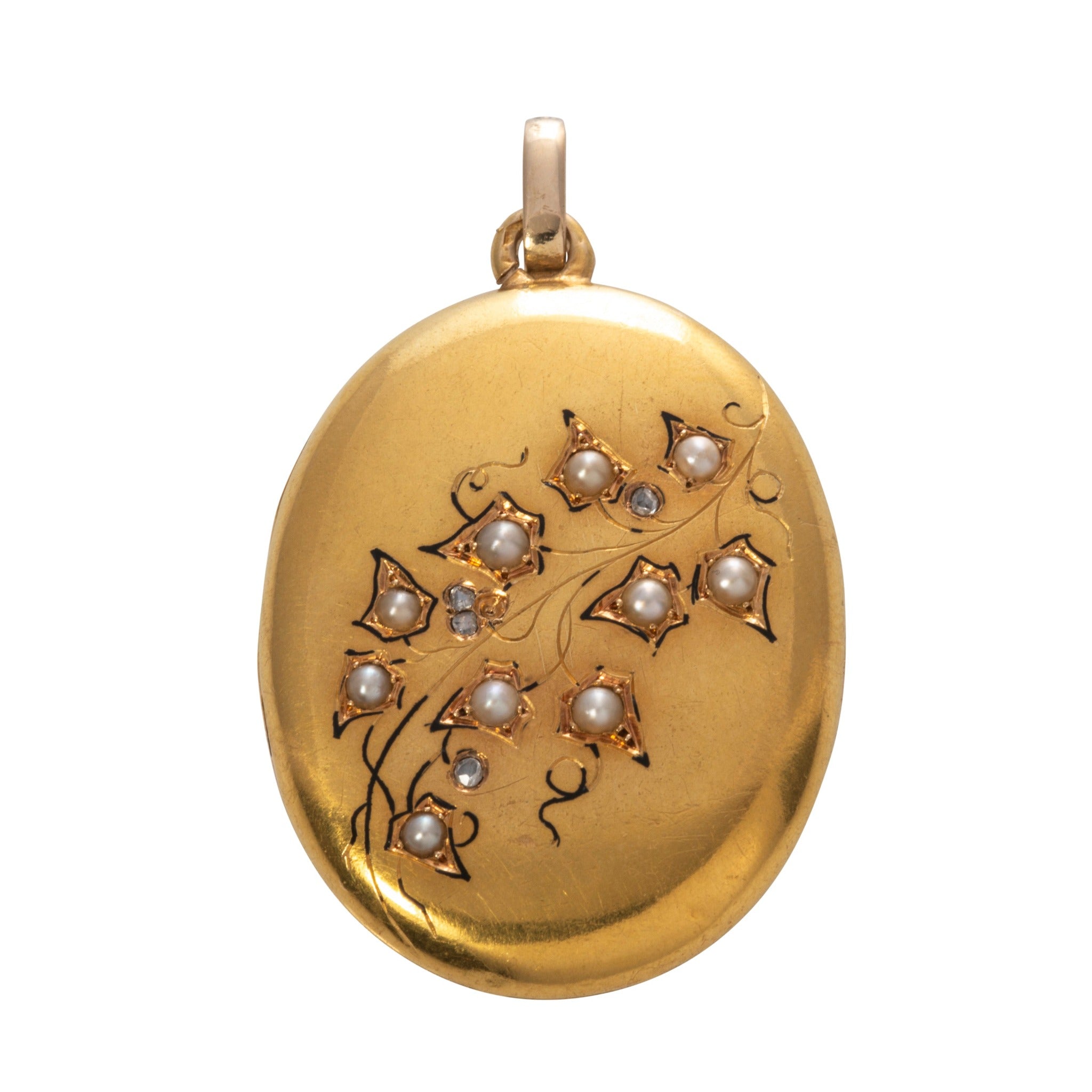 Victorian Floral Seed Pearl 18K Gold Oval Locket
