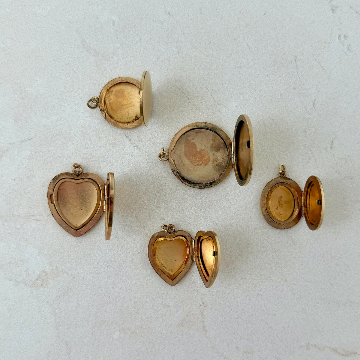 Estate Plain Gold-Filled Heart Locket Pendants, Estate Plain Gold-Filled Oval Locket Pendant, Estate Plain Gold-Filled Round Locket Pendants