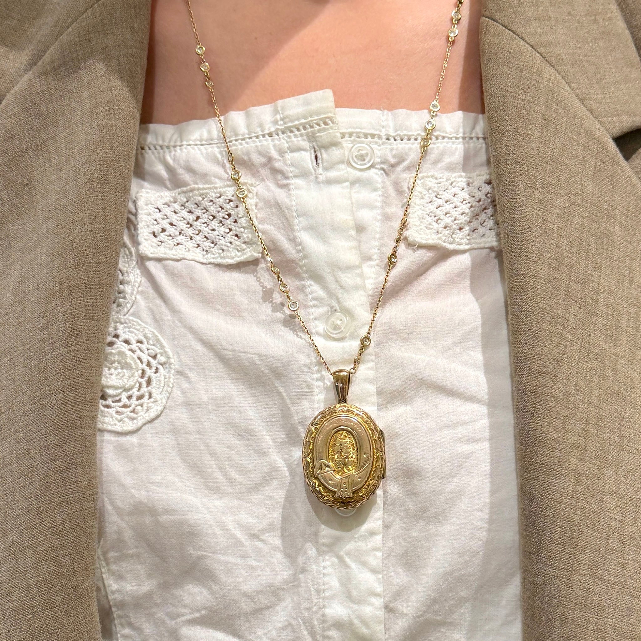 Victorian Back & Front Engraved Oval Locket Pendant, Estate 2ctw Diamonds-by-the-Yard 14K Gold Necklace 24"