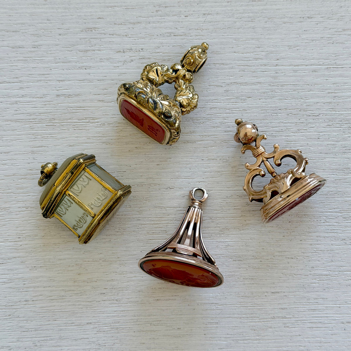 Georgian Mother of Pearl Pinchbeck Snuff Pendant, Victorian Style Carnelian Intaglio Gold-Plated Fob Pendant, Victorian Neoclassical Carnelian Intaglio Seal 9K Gold Fob Pendant