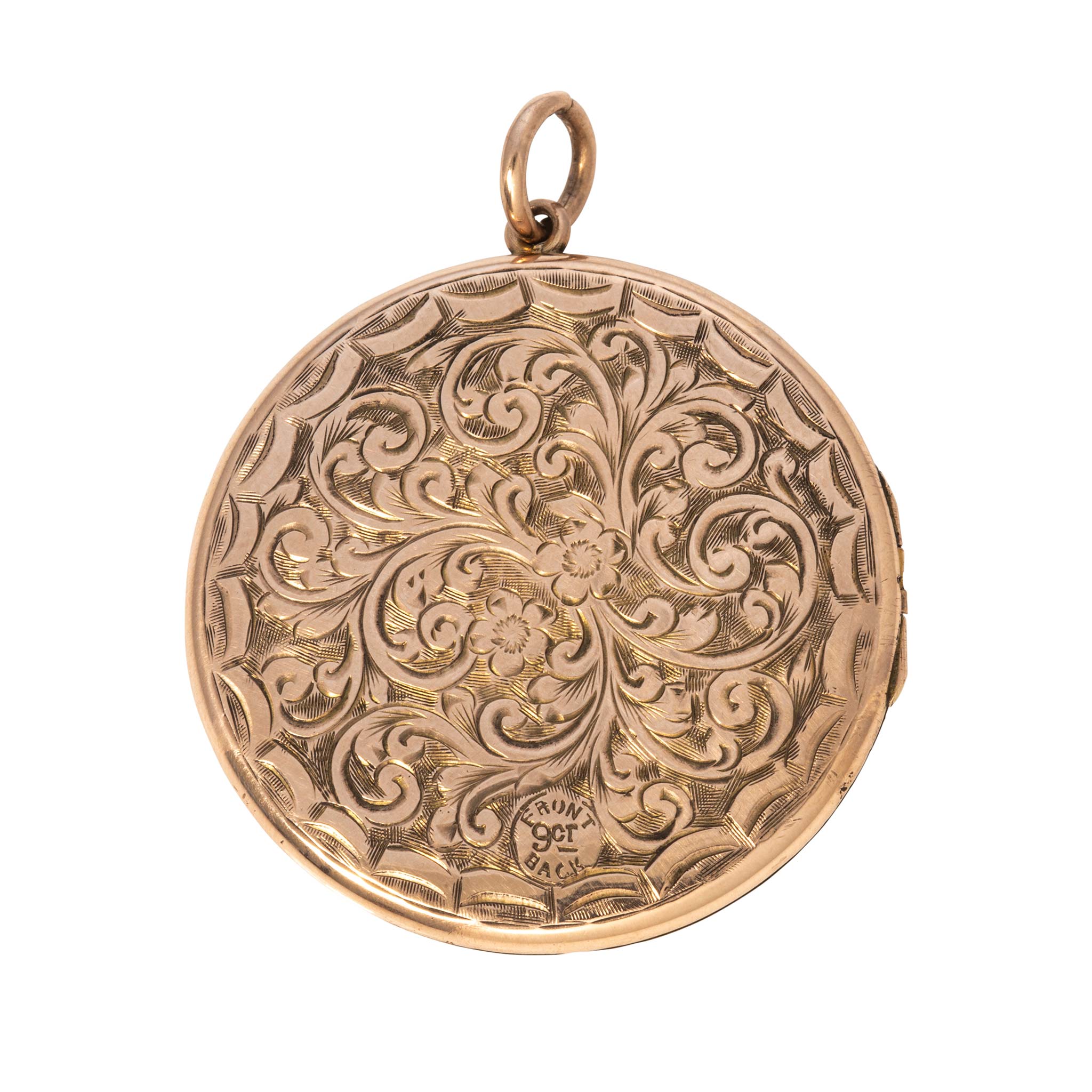 Victorian 9K Gold Back & Front Engraved Round Locket Pendant