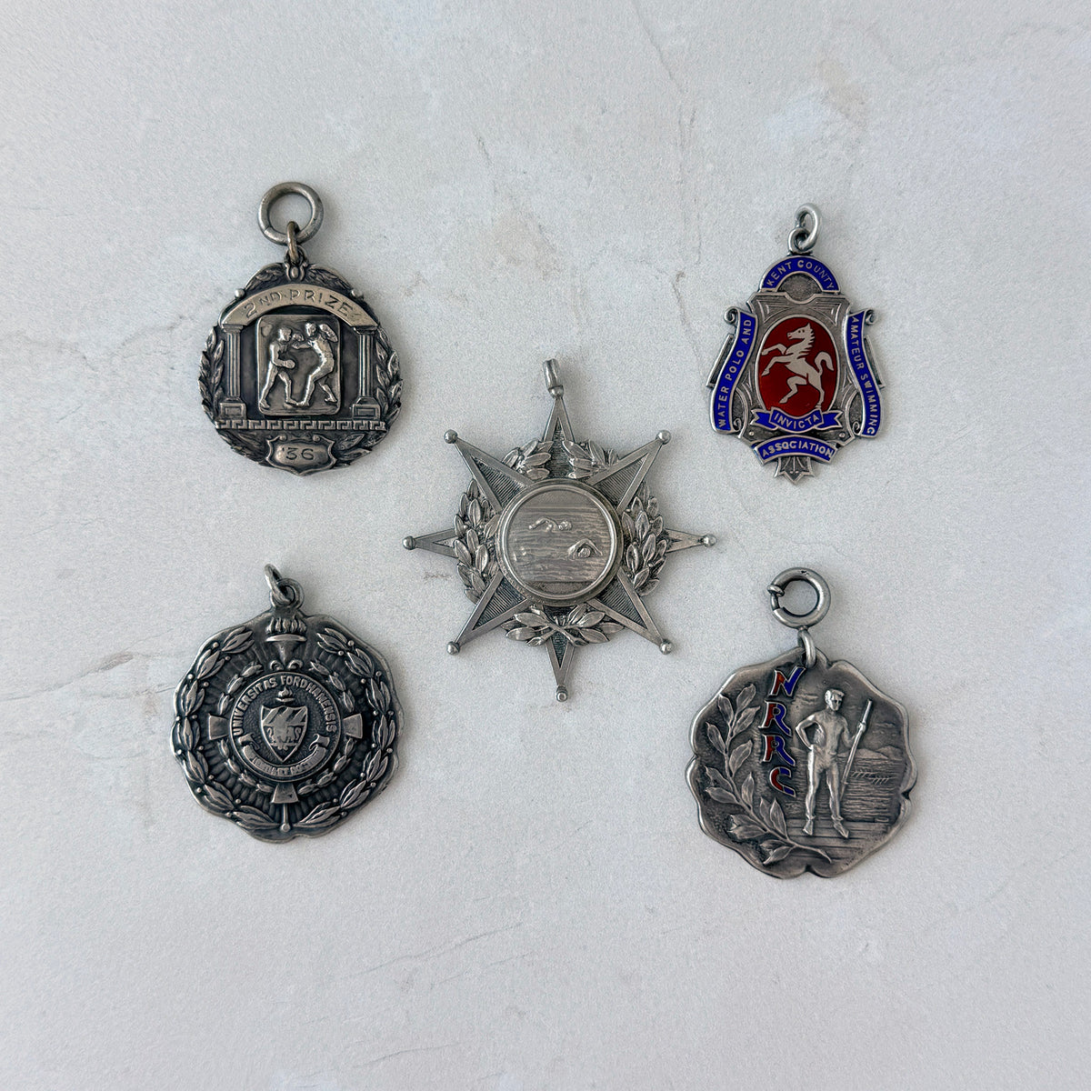 Vintage Silver 1936 Boston 2nd Prize Boxing Medal Pendant, Vintage Silver 1922 Fordham University Academic Medal Pendant, Vintage Silver 1921 New Rochelle Rowing Club Medal Pendant, Vintage Silver 1930 British Swimming Championship Medal Pendant, Vintage Silver 1927 British Swimming Championship Medal Pendant