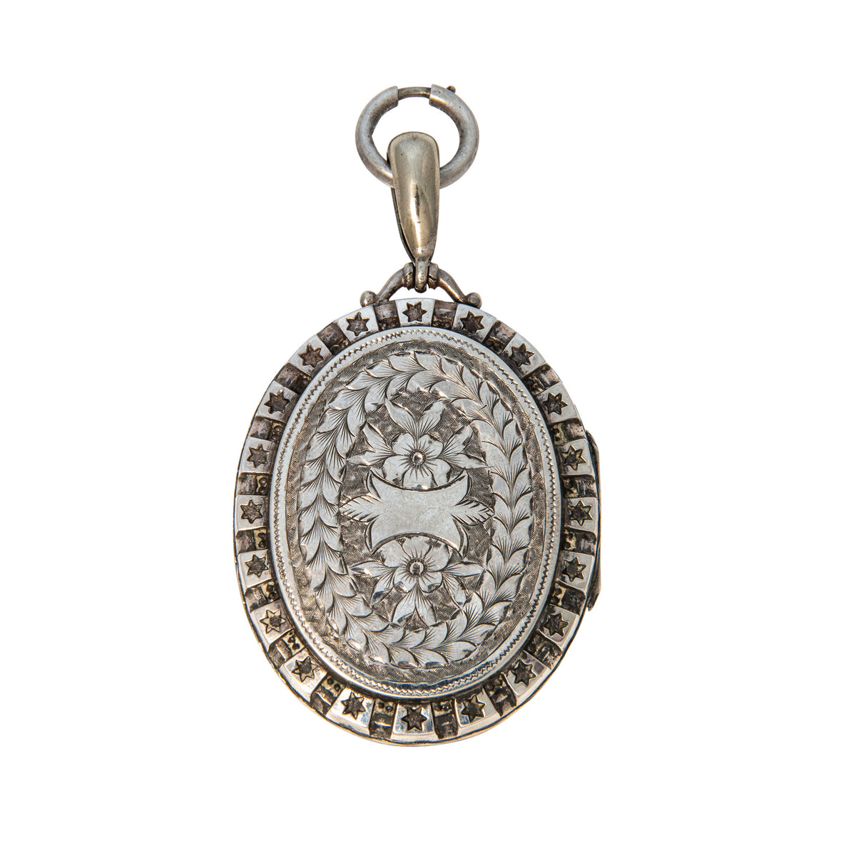 Victorian 'Star-Spangled' Silver Oval Locket Pendant Collar Necklace