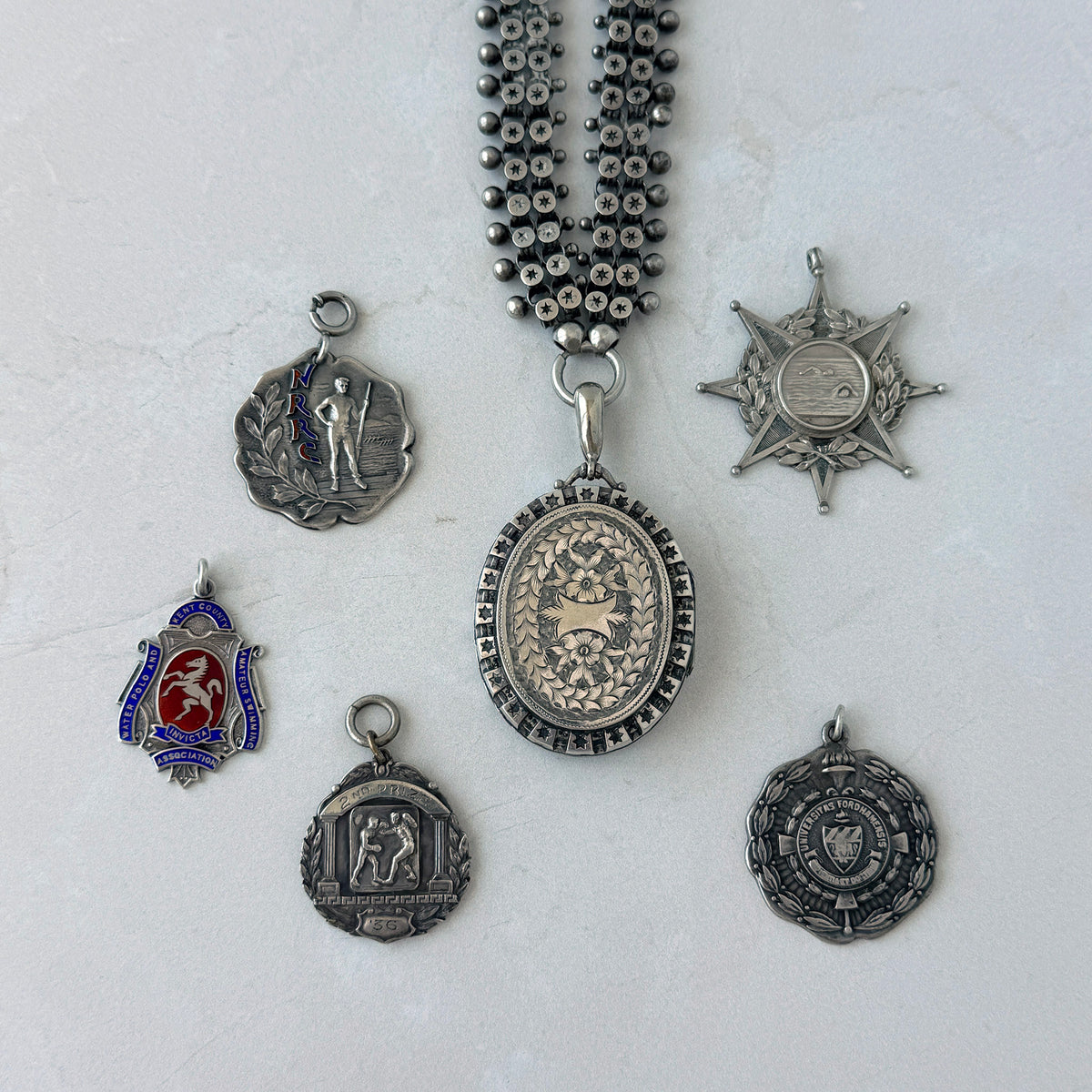 Victorian 'Star-Spangled' Silver Oval Locket Pendant Collar Necklace