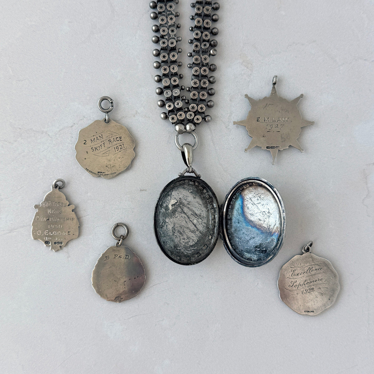 Victorian 'Star-Spangled' Silver Oval Locket Pendant Collar Necklace