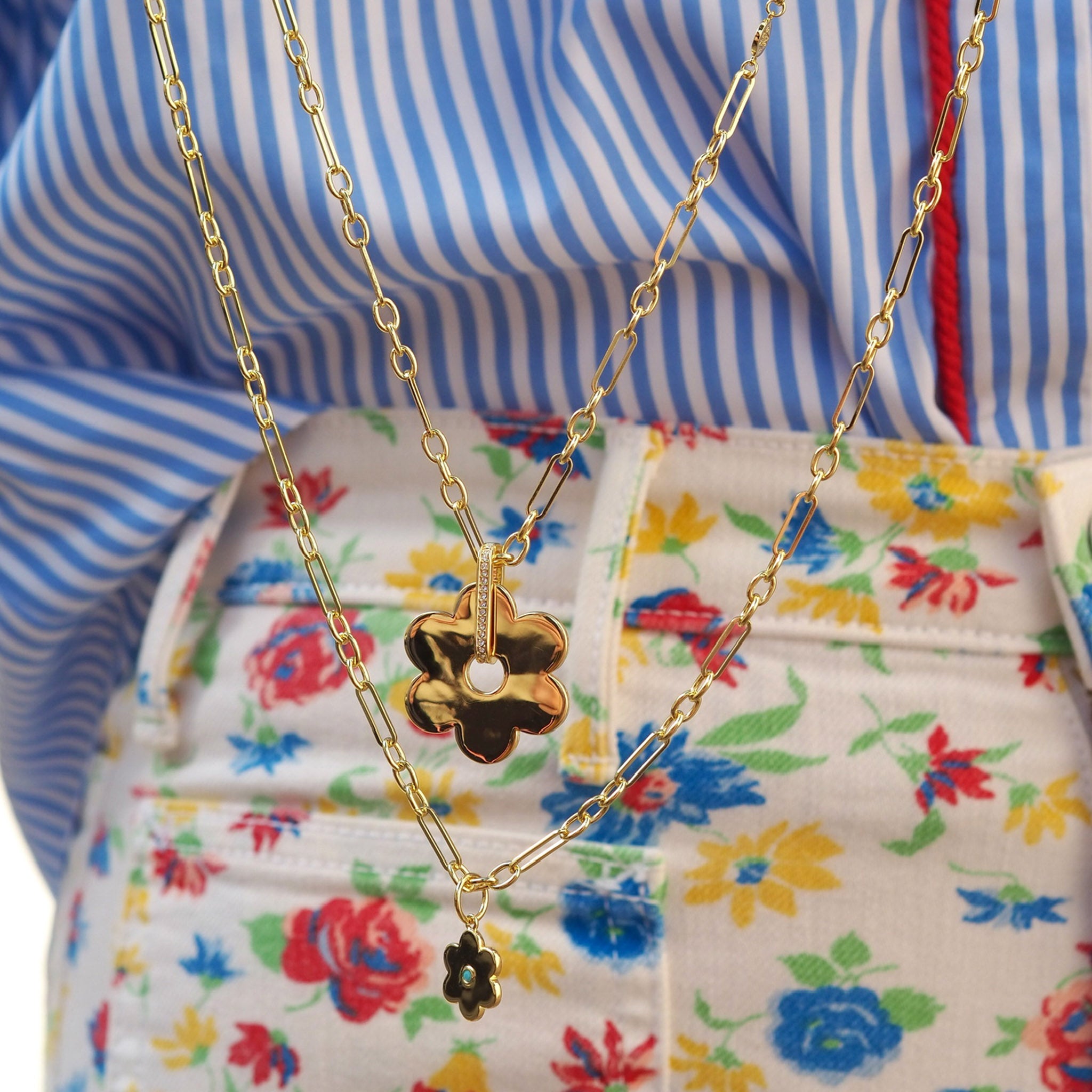 Goldbug Collection White Topaz Spinning Daisy Charm, Goldbug Collection Daisy Chain Necklace 23", Goldbug Collection Daisy Chain Necklace 31"