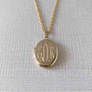 14K Gold Filled 20x25mm Oval Locket Necklace with machine engraved interlocking script monogram