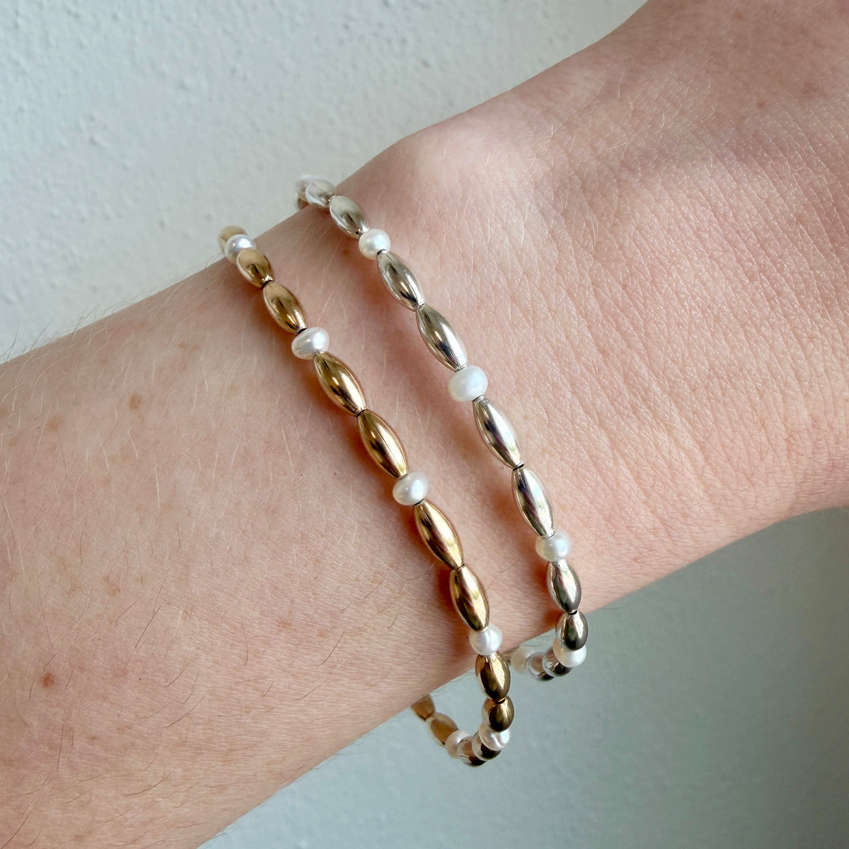 Gold-Filled Charleston Rice Bead & Freshwater Pearl Bracelet, Sterling Silver Charleston Rice Bead & Freshwater Pearl Bracelet