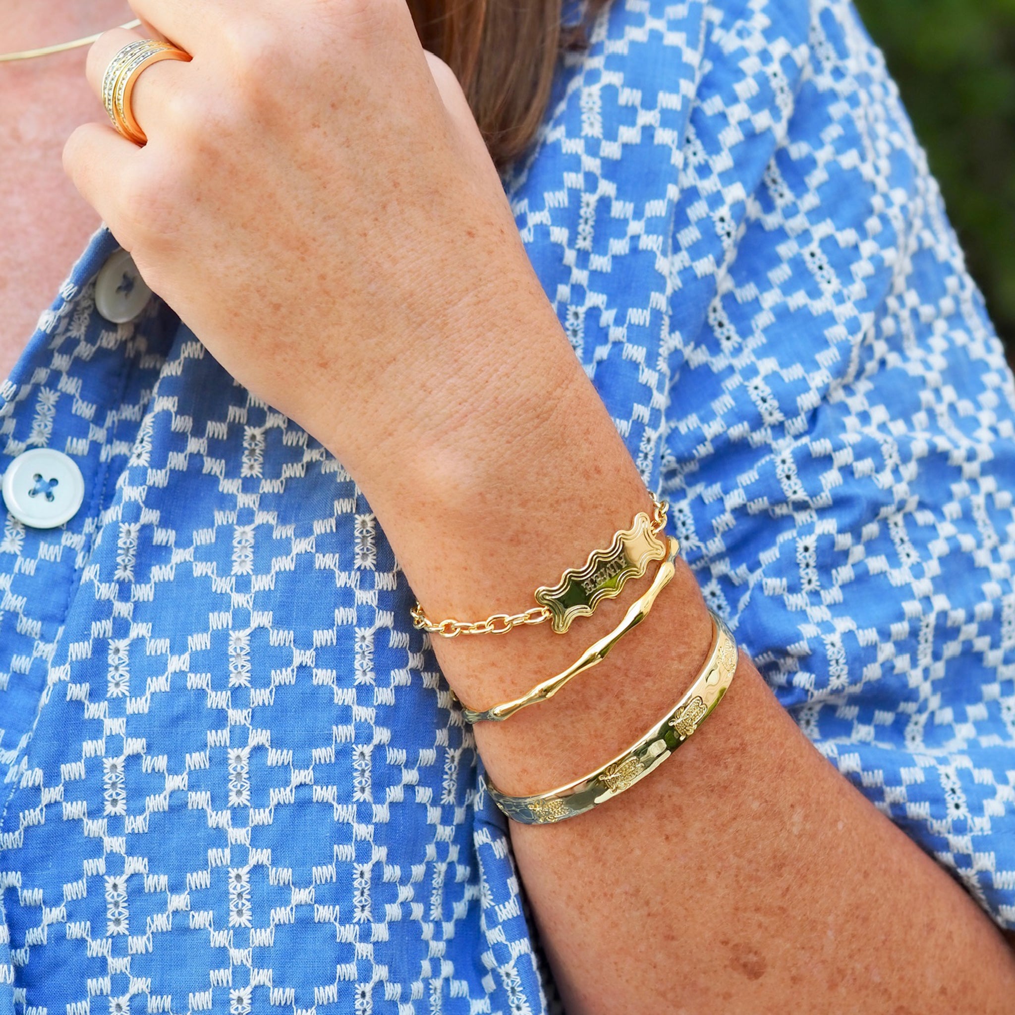 Goldbug Collection Wavy ID Bracelet, Bamboo Bangle, Love Train Bangle