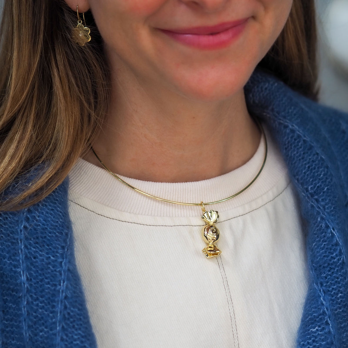Model wearing the Goldbug Candy Charm on the Goldbug Rhett Collar Necklace