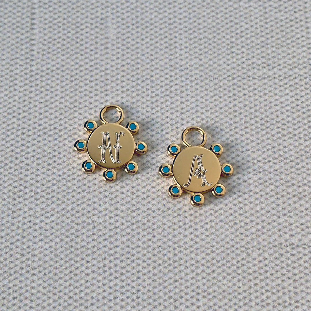 Goldbug Round Top Turquoise Earring Charms with engraved initials
