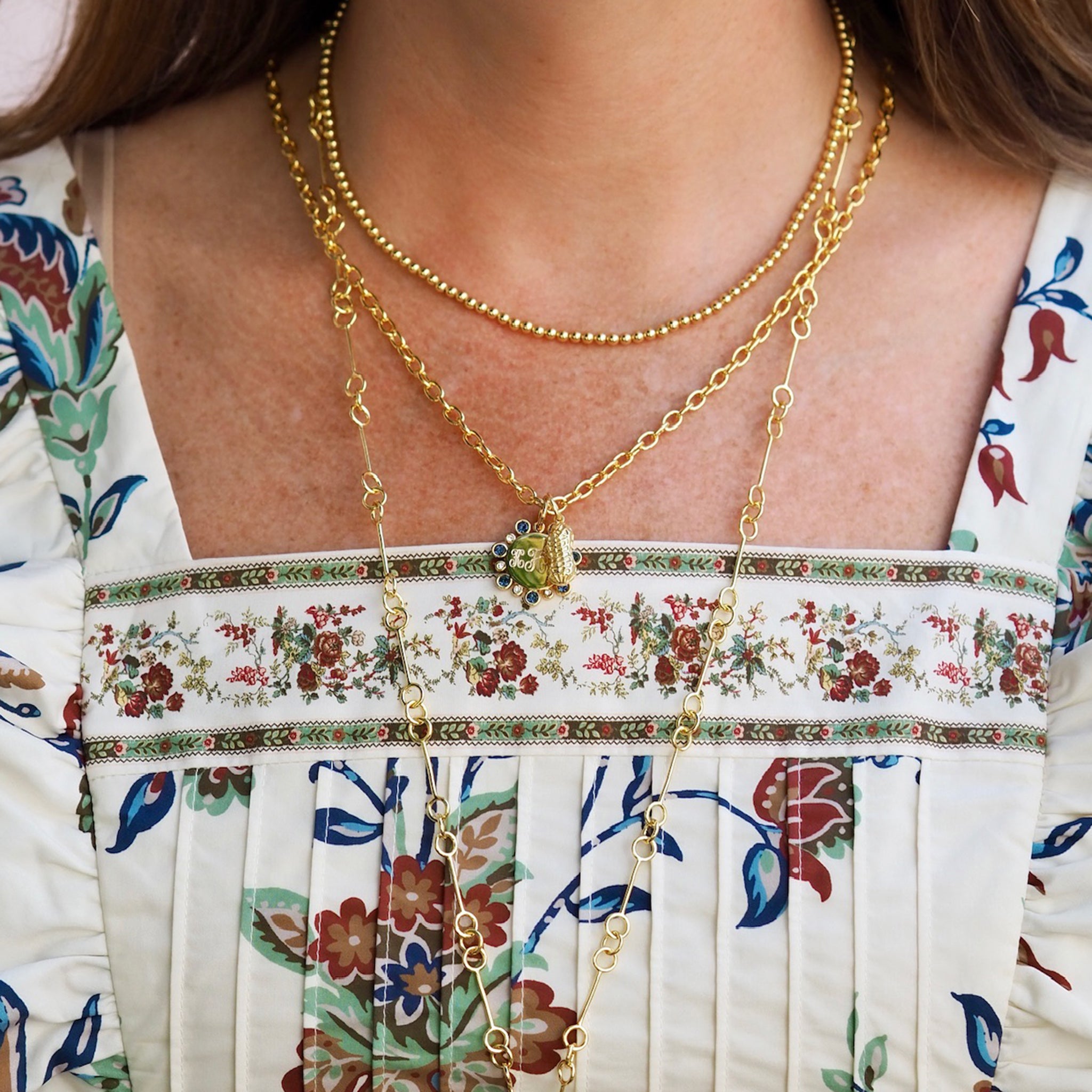 Goldbug Collection Beaded Ball Necklace, Peanut Charm, September Birthstone Pendant, Thick Cable Chain Necklace, Petite Wishbone Chain